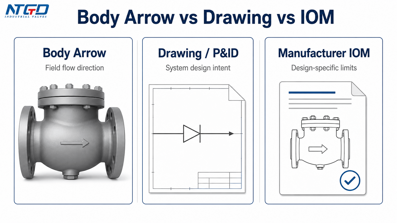 Comparison board showing check valve body arrow, drawing P&ID and manufacturer IOM.
