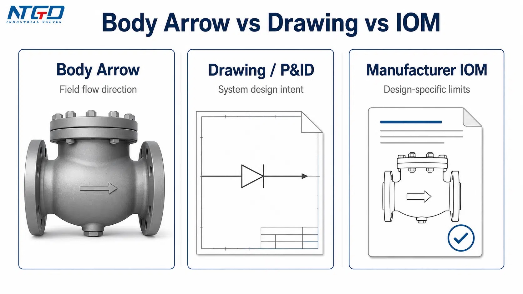 Comparison board showing check valve body arrow, drawing P&ID and manufacturer IOM.