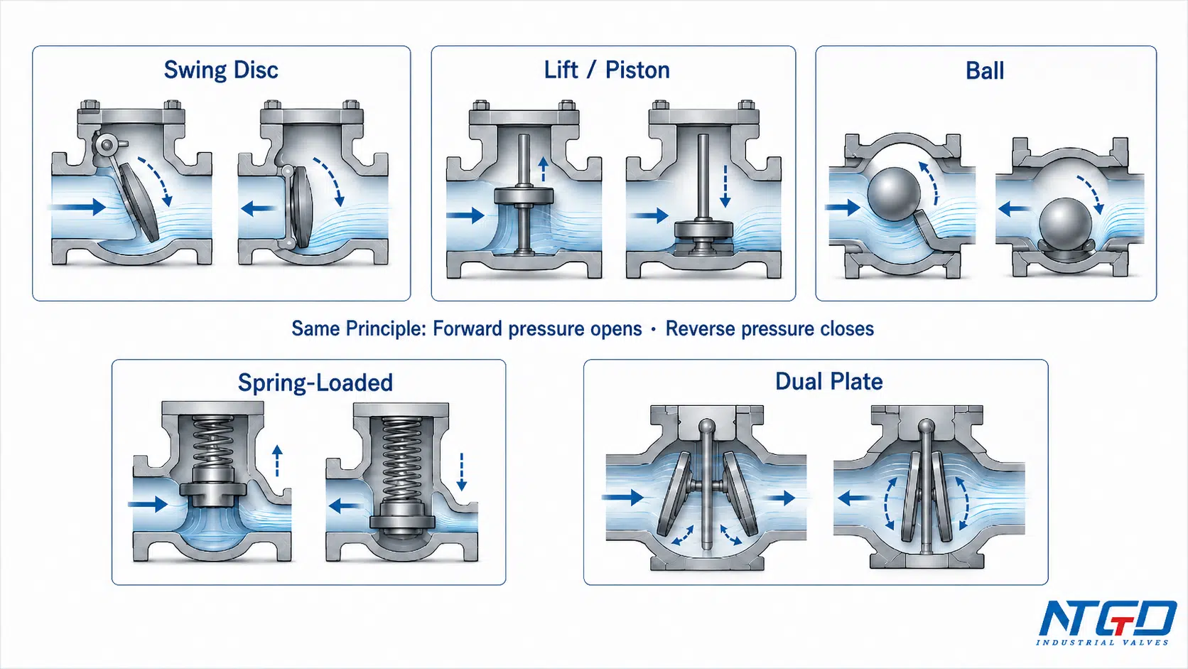 Mécanismes de fermeture des clapets anti-retour, notamment les modèles à disque pivotant, à piston de levage, à bille, à ressort et à double plaque