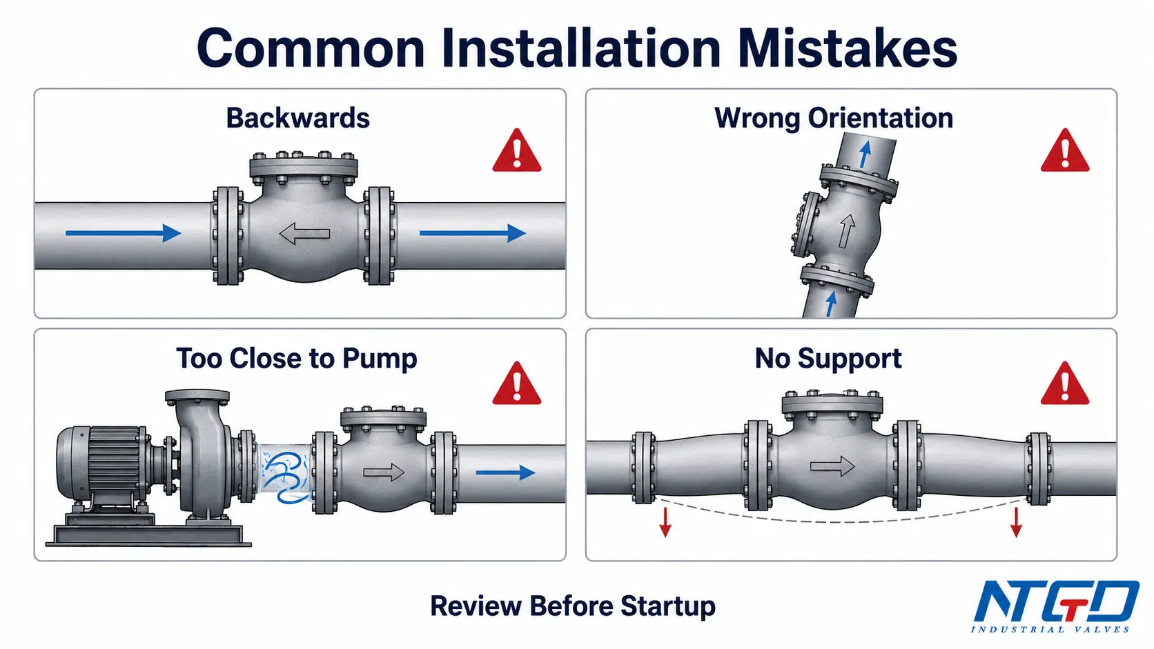Common check valve installation mistakes showing backwards installation, wrong orientation, too close to pump and no support.