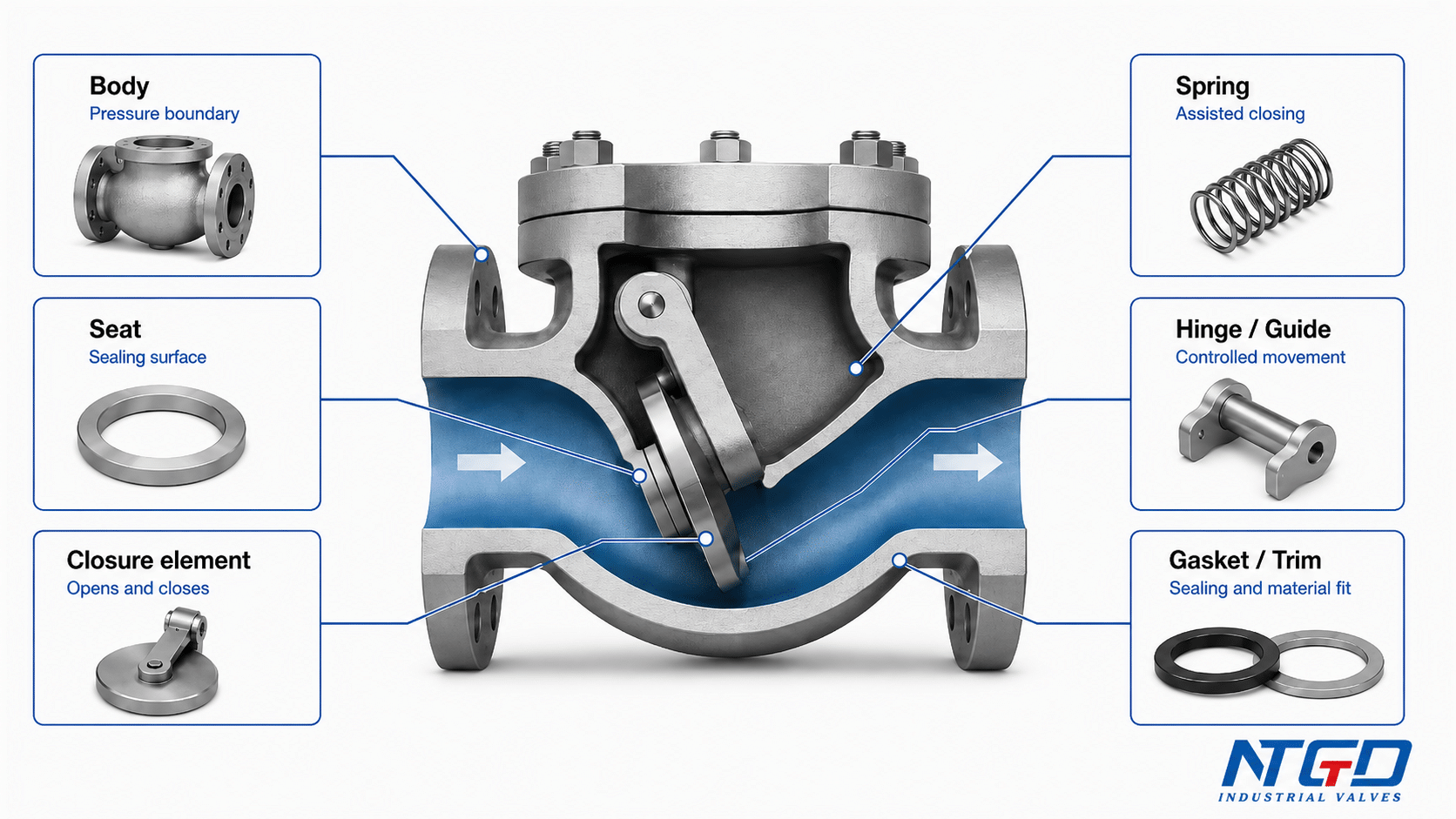 Check valve component function board showing body seat closure element spring hinge guide and gasket trim