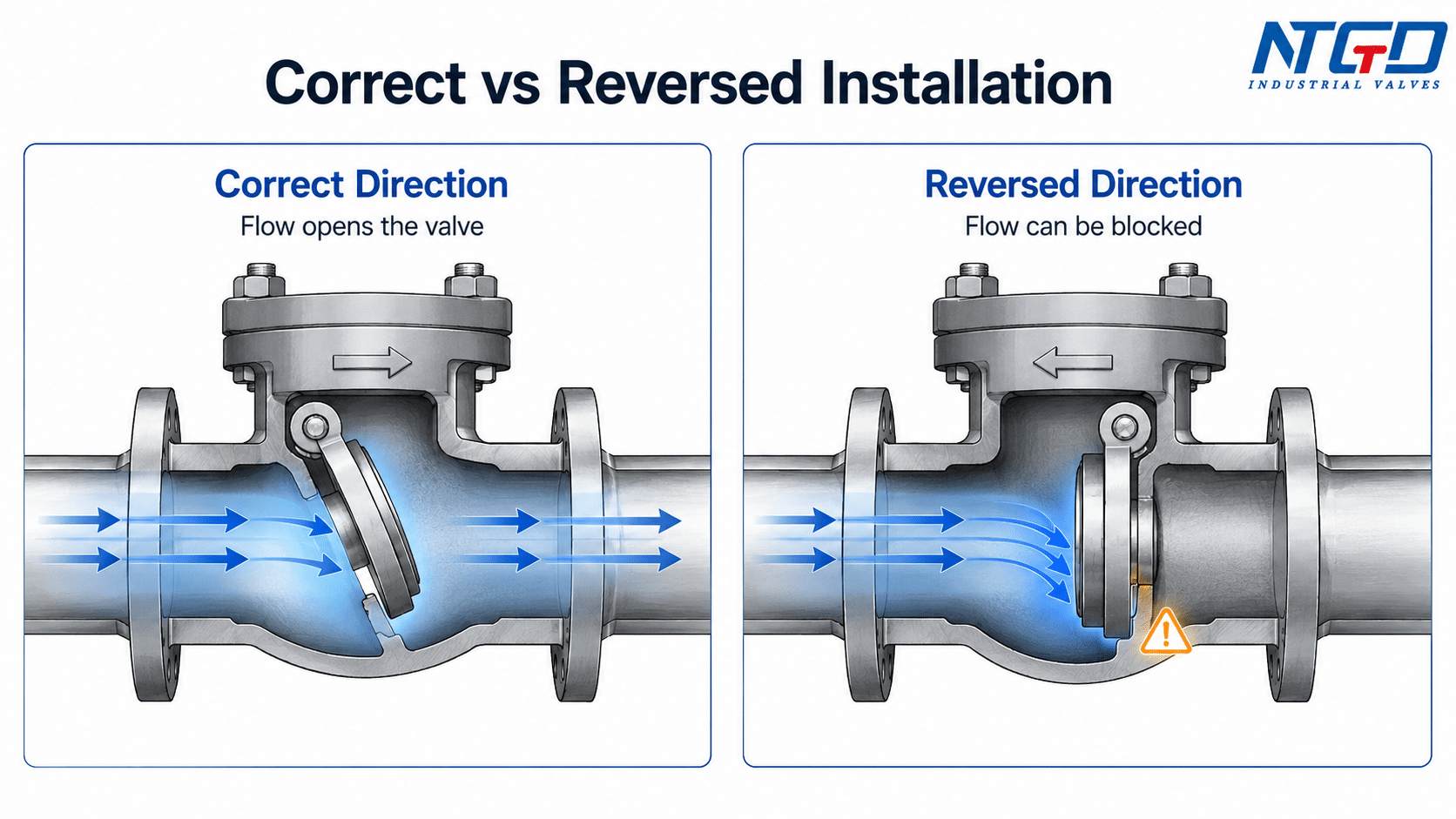 Correct and reversed check valve installation comparison showing open flow and blocked flow risk.