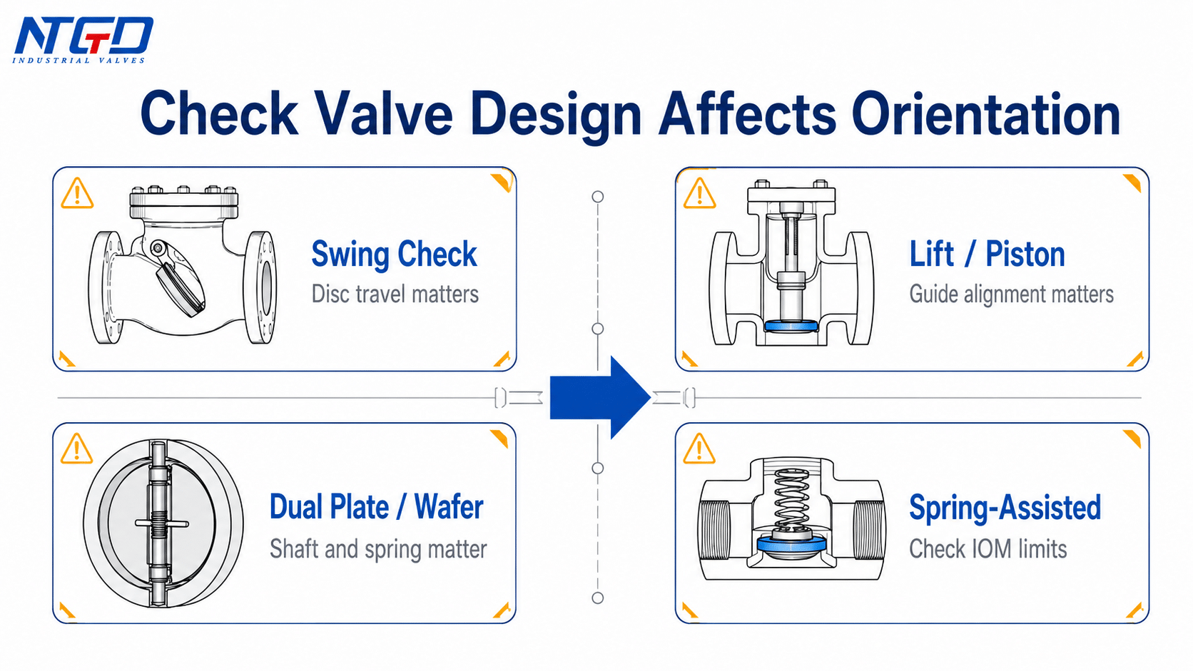Check valve design comparison showing swing, lift piston, dual plate wafer and spring-assisted types.
