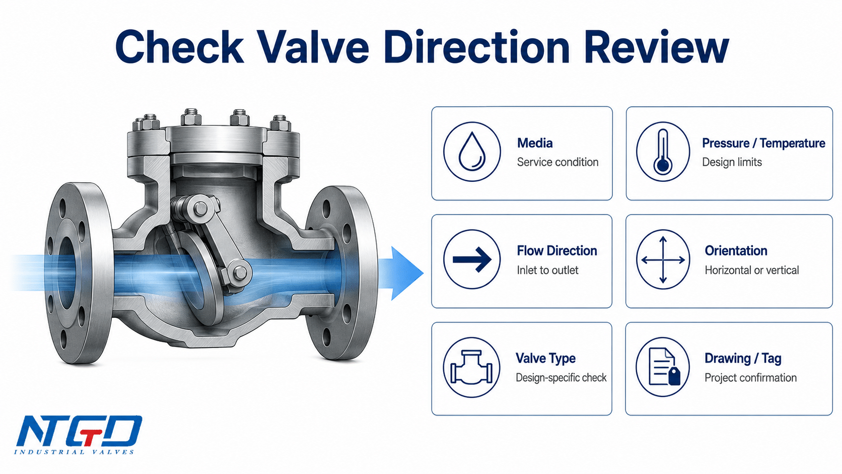 Check valve direction review checklist for media, pressure, flow direction, orientation and drawing tag.