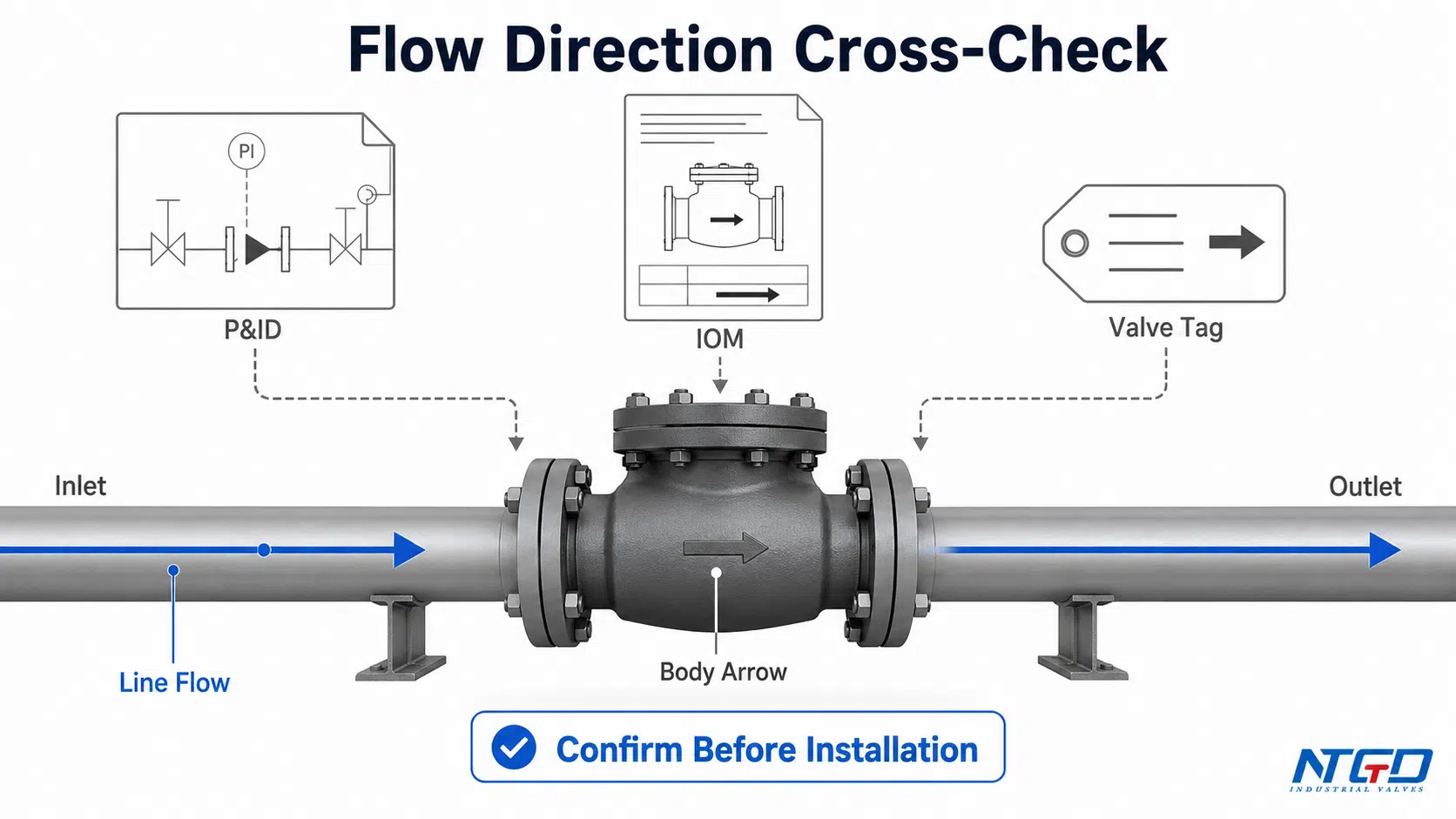 Check valve flow direction cross-check showing body arrow, line flow, P&ID, IOM, valve tag, inlet and outlet.
