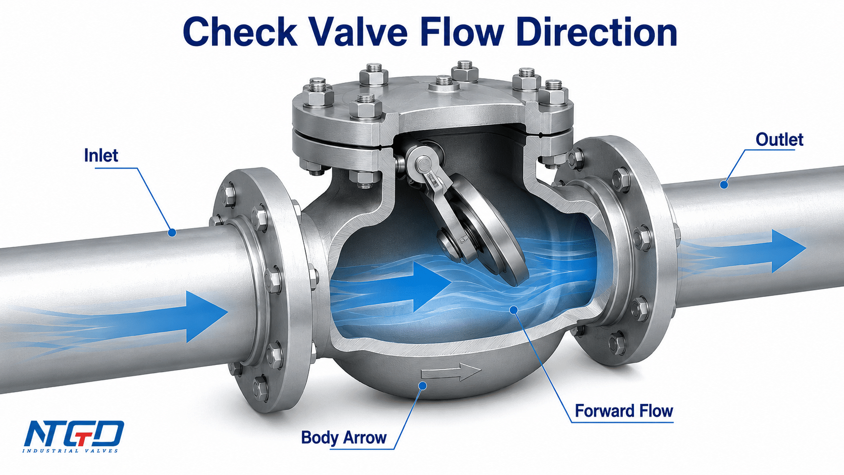 Check valve flow direction diagram showing inlet, outlet, body arrow and forward flow.