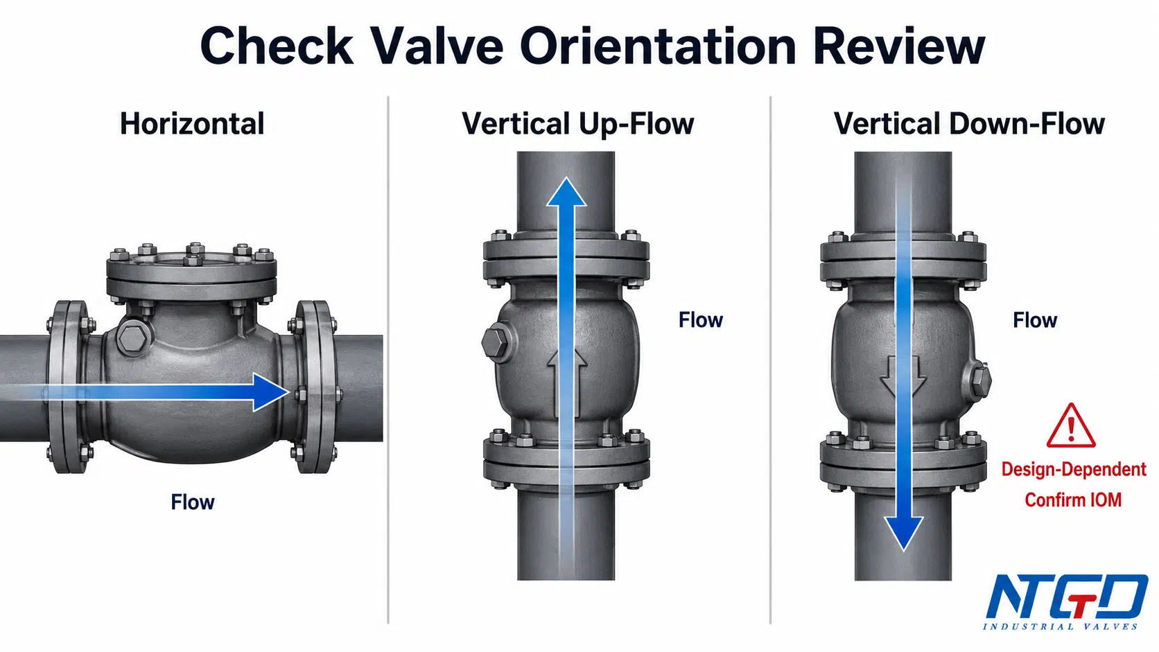 Check valve orientation review comparing horizontal installation, vertical up-flow and vertical down-flow.