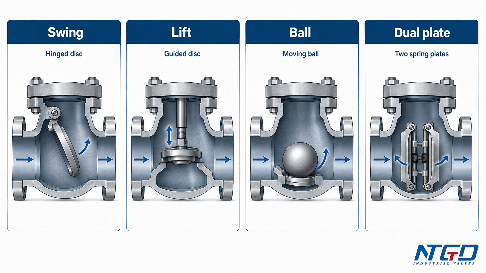 Check valve parts comparison showing swing, lift, ball and dual plate closure elements