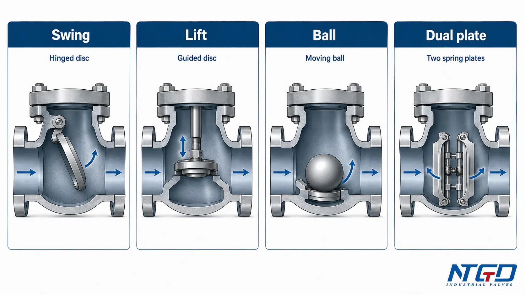 Check valve parts comparison showing swing, lift, ball and dual plate closure elements