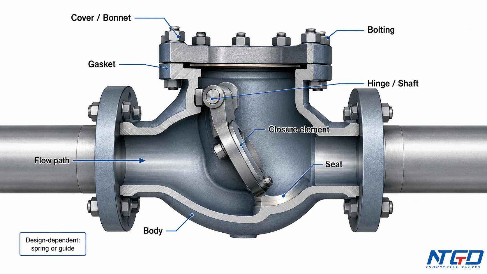 Labeled check valve cutaway diagram showing body cover gasket bolting seat closure element hinge shaft and flow path