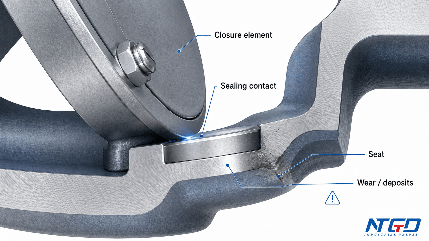 Check valve seat and closure element sealing contact with wear deposits area