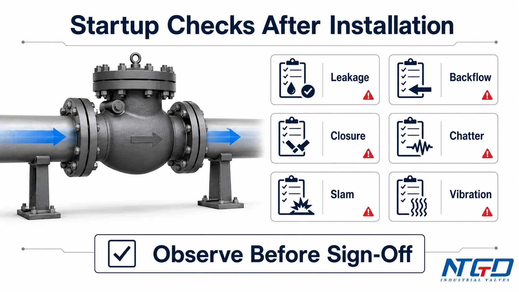 Check valve startup checks after installation showing leakage, backflow, closure, chatter, slam and vibration.