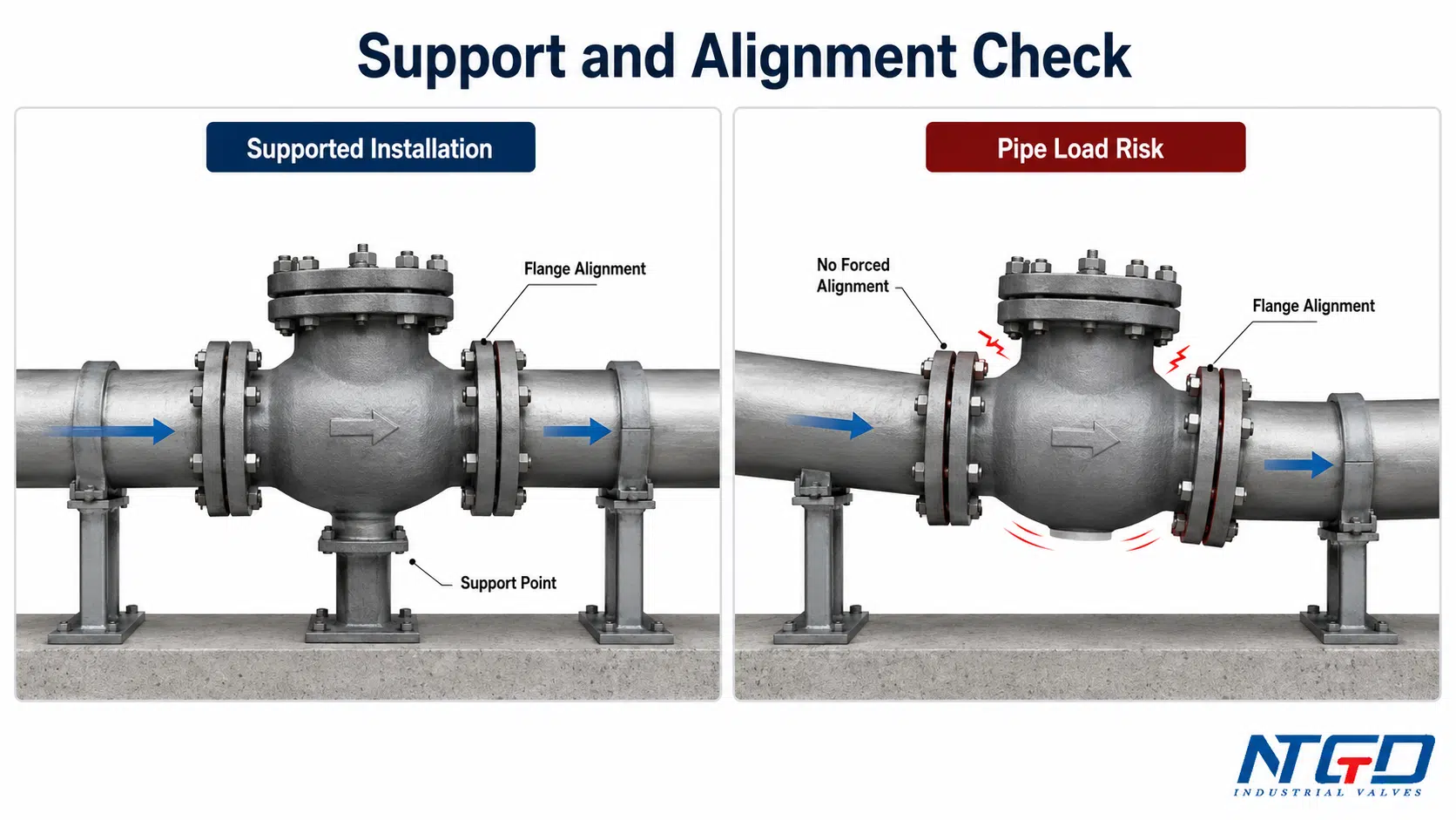 Check valve support and alignment check showing supported installation and pipe load risk.