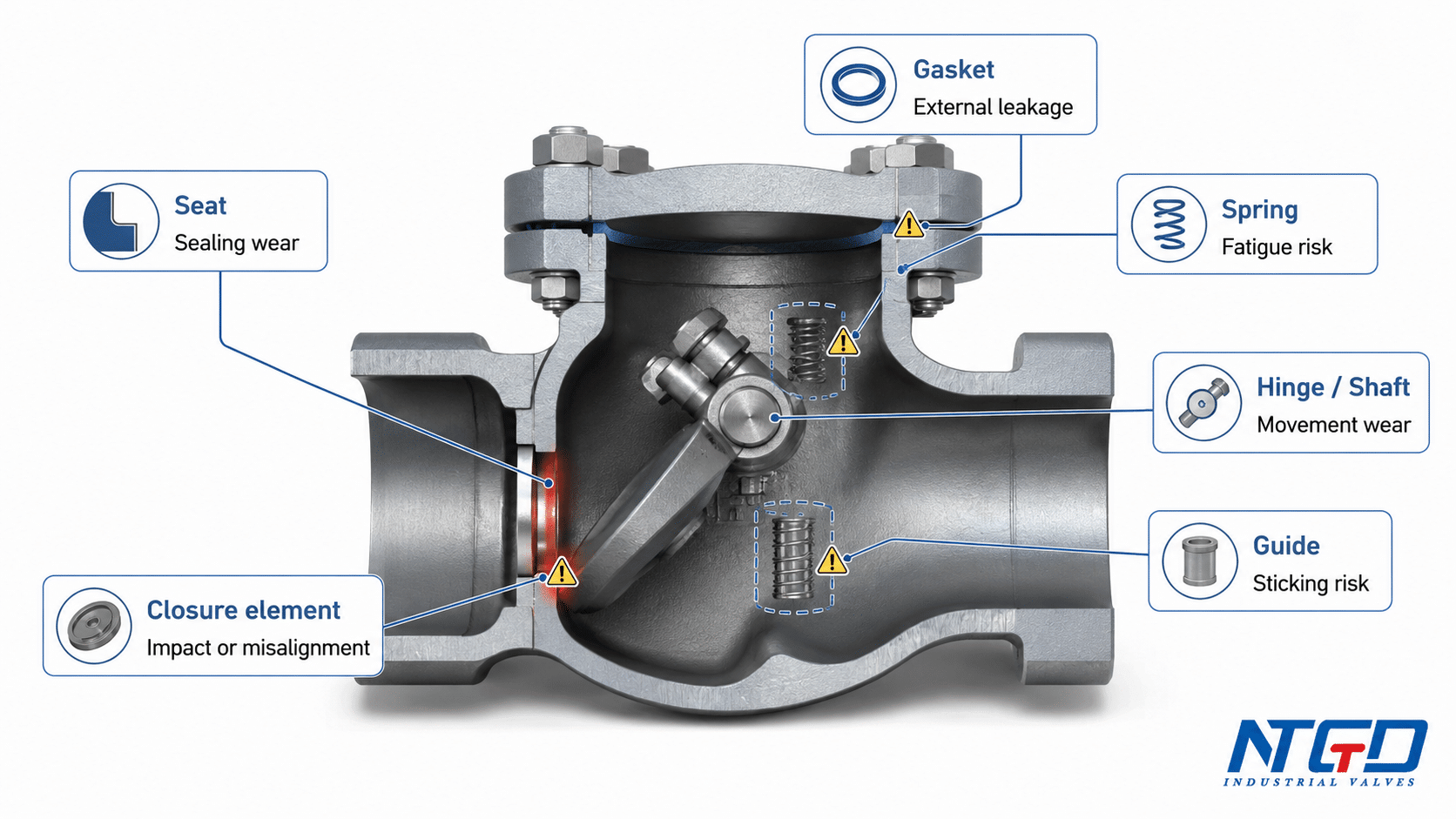 Check valve wear-prone parts board showing seat closure element spring hinge shaft guide and gasket risks