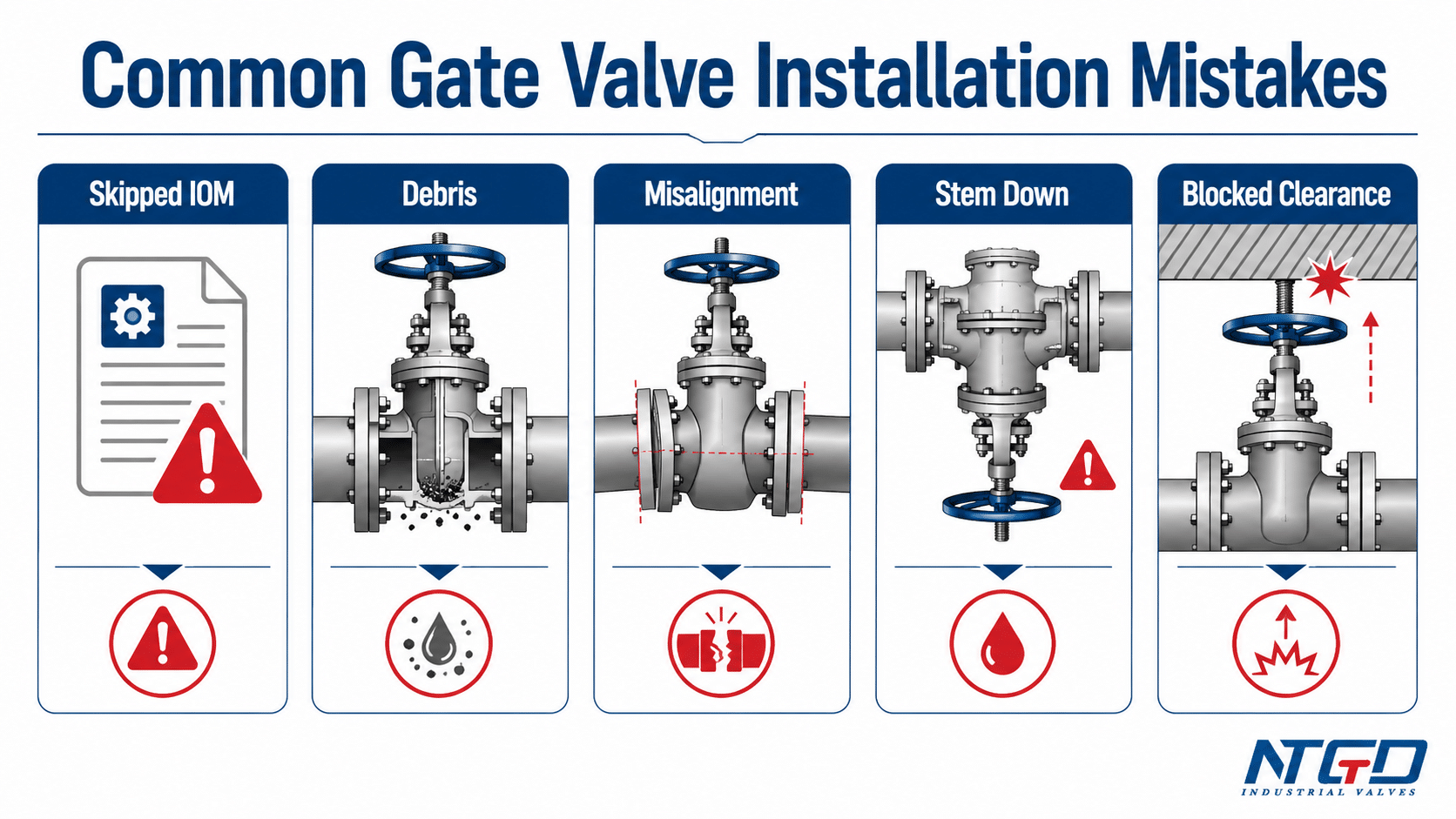Common gate valve installation mistakes including skipped IOM, debris, misalignment, stem down and blocked clearance.