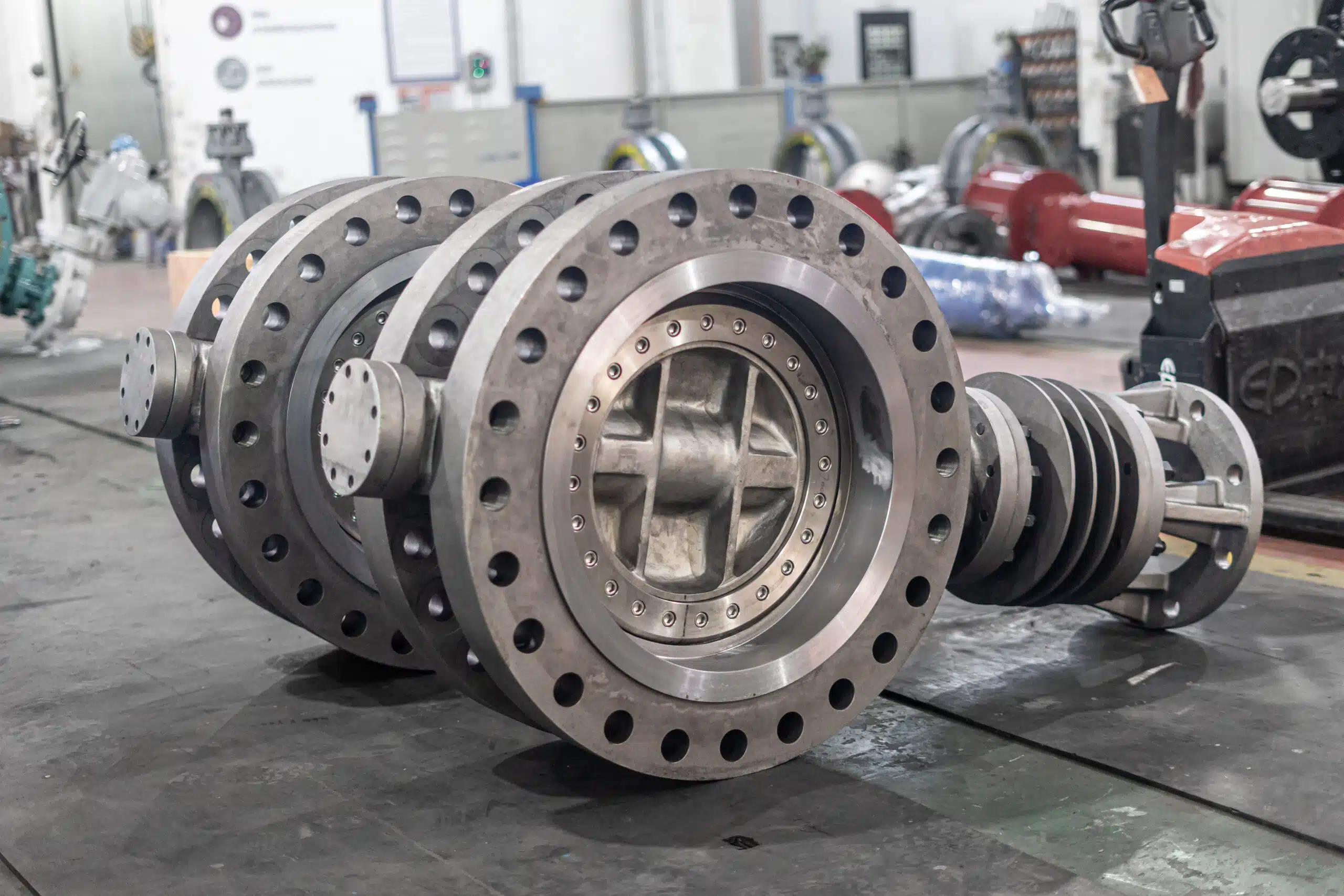 24 inch 600LB WCB gear operated double offset butterfly valve in workshop.