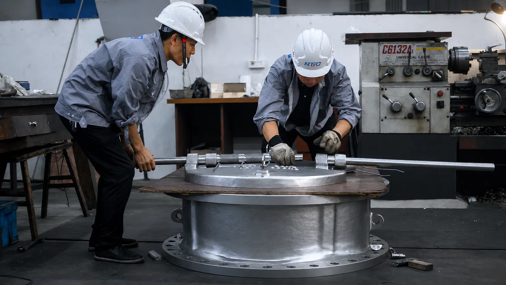 DN900 PN10 dual plate check valve being assembled in NTGD workshop.
