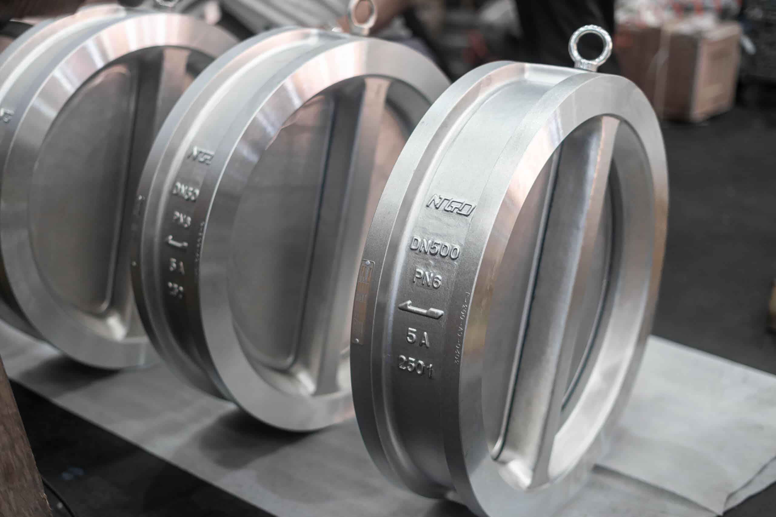 Real dual plate wafer check valve photo with DN500 PN6 marking and flow arrow