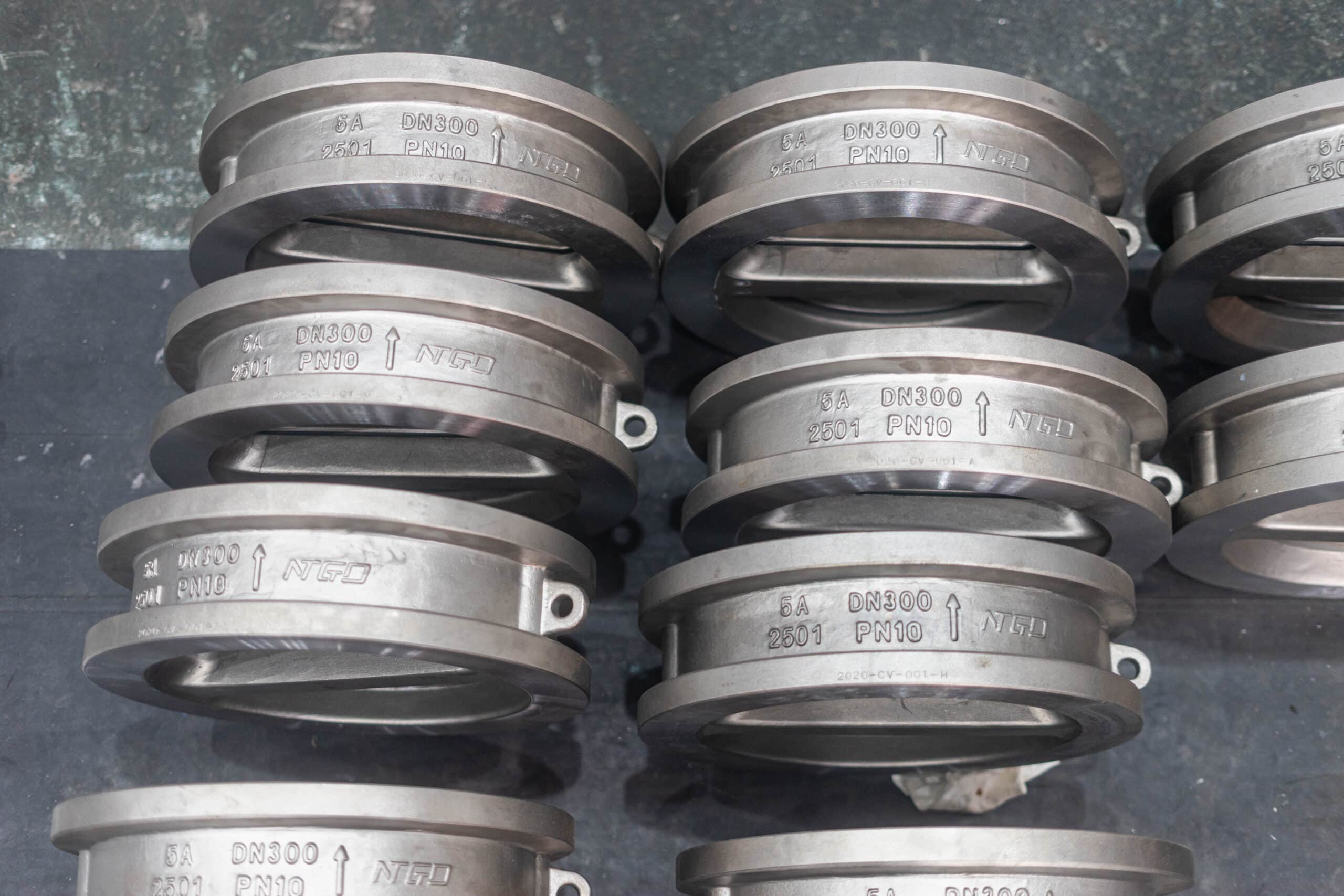 DN300 PN10 dual plate wafer check valves with cast flow arrows on the valve body.