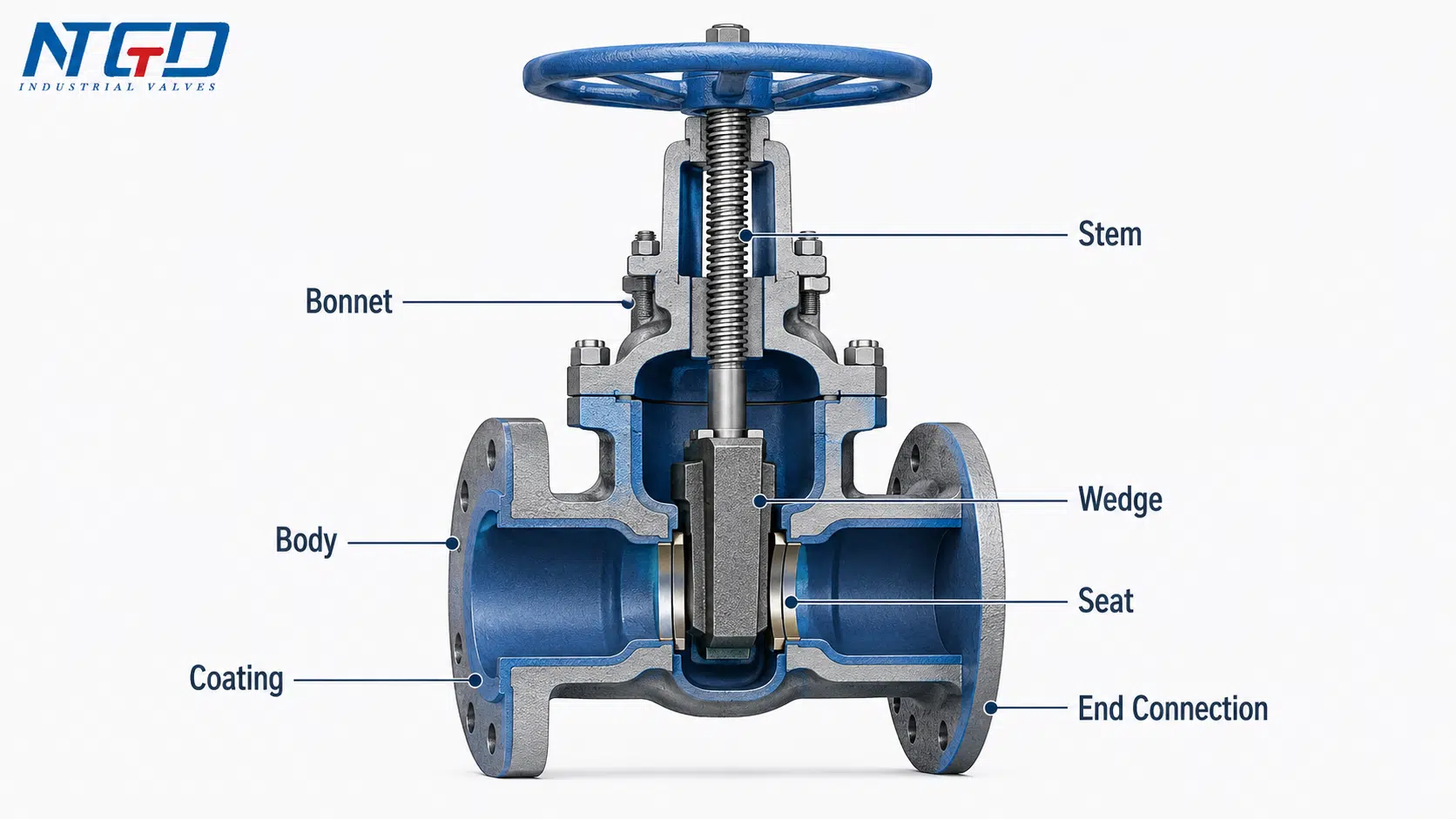 Ductile iron gate valve cutaway diagram showing body bonnet stem wedge seat coating and end connection