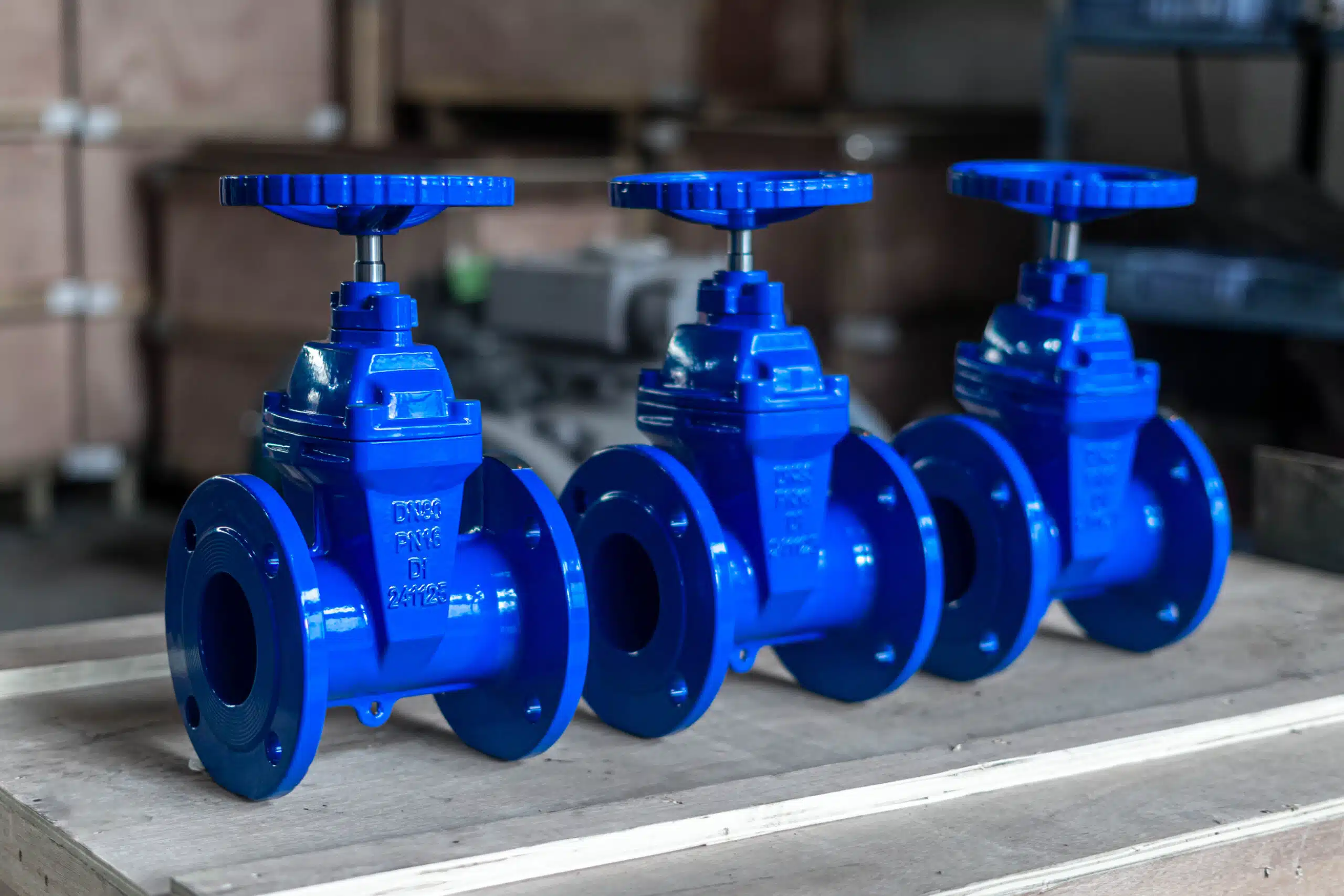 Flanged ductile iron gate valves with blue coating in workshop