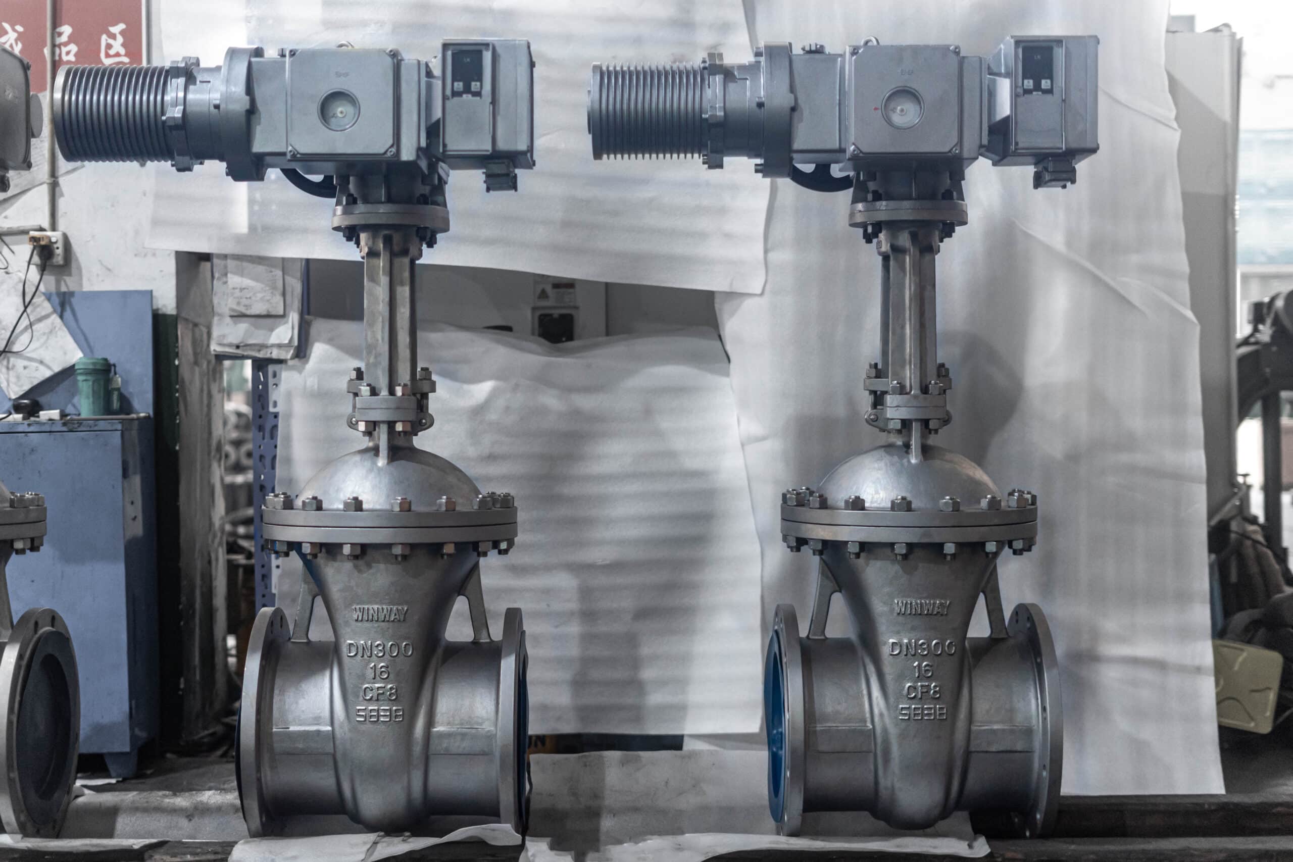 Electric actuated industrial gate valves requiring flow direction and orientation review