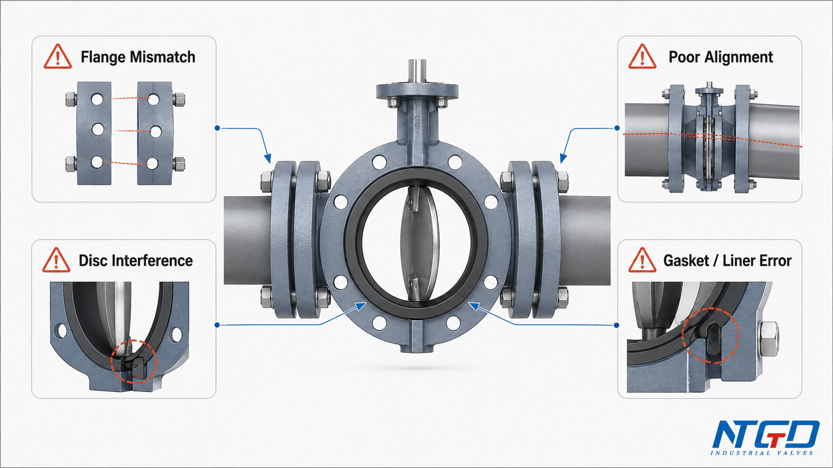Common flanged butterfly valve connection mistakes including flange mismatch poor alignment disc interference and gasket liner error