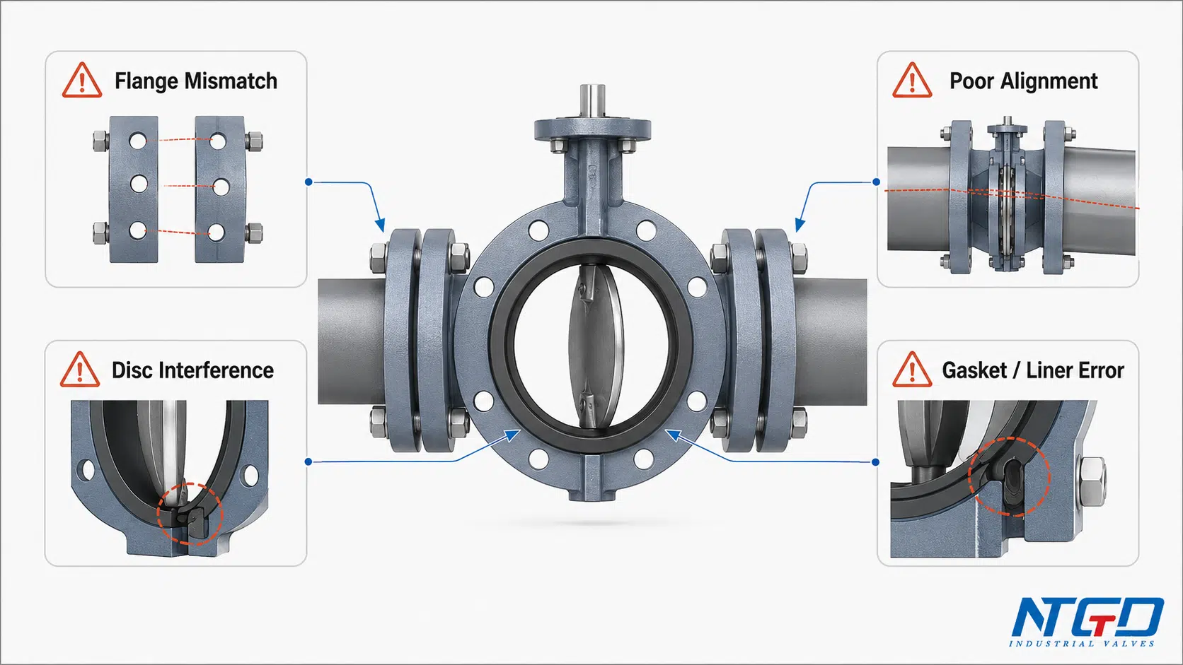 Common flanged butterfly valve connection mistakes including flange mismatch poor alignment disc interference and gasket liner error