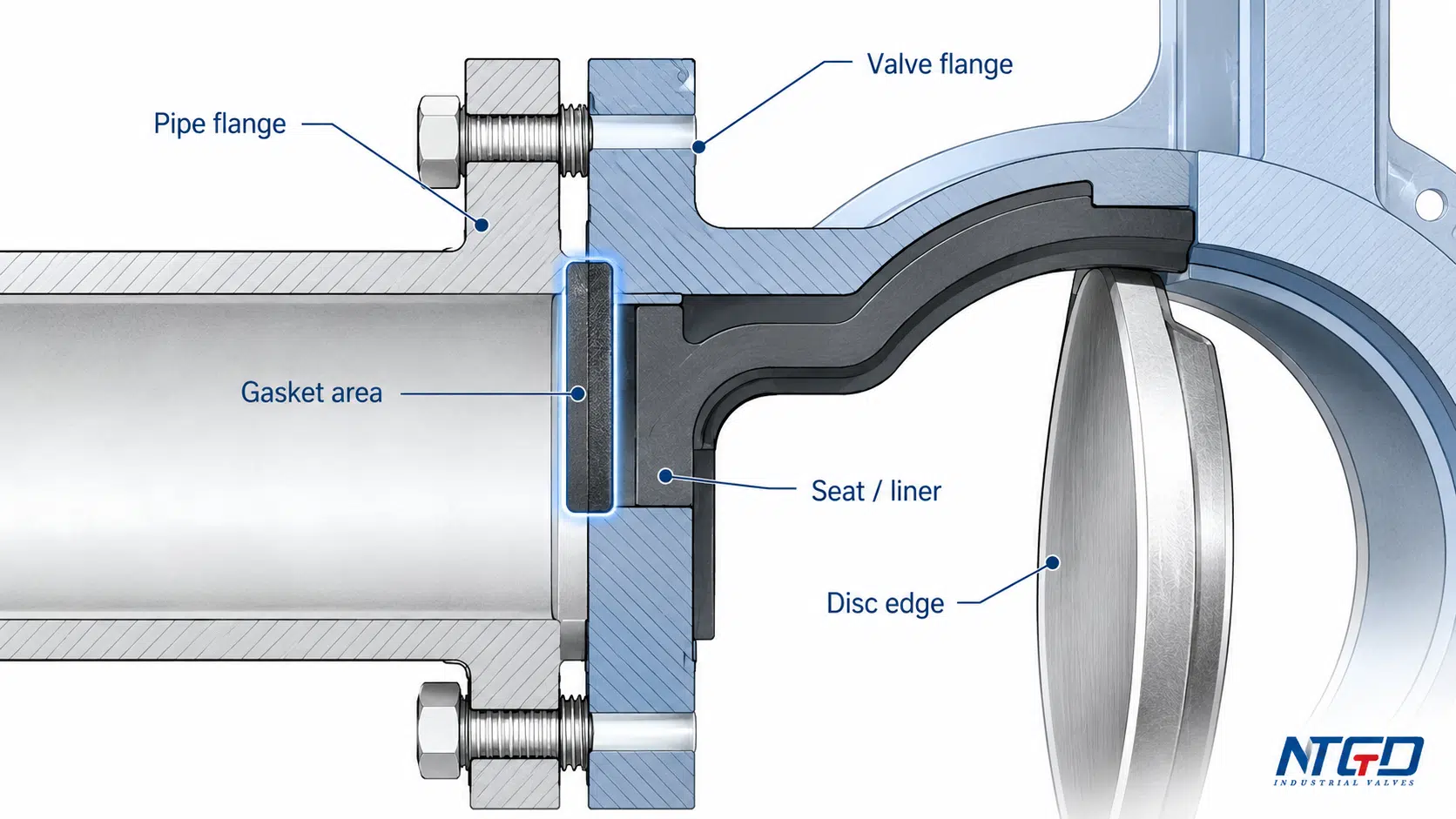 Flanged butterfly valve gasket area seat liner and disc edge interface