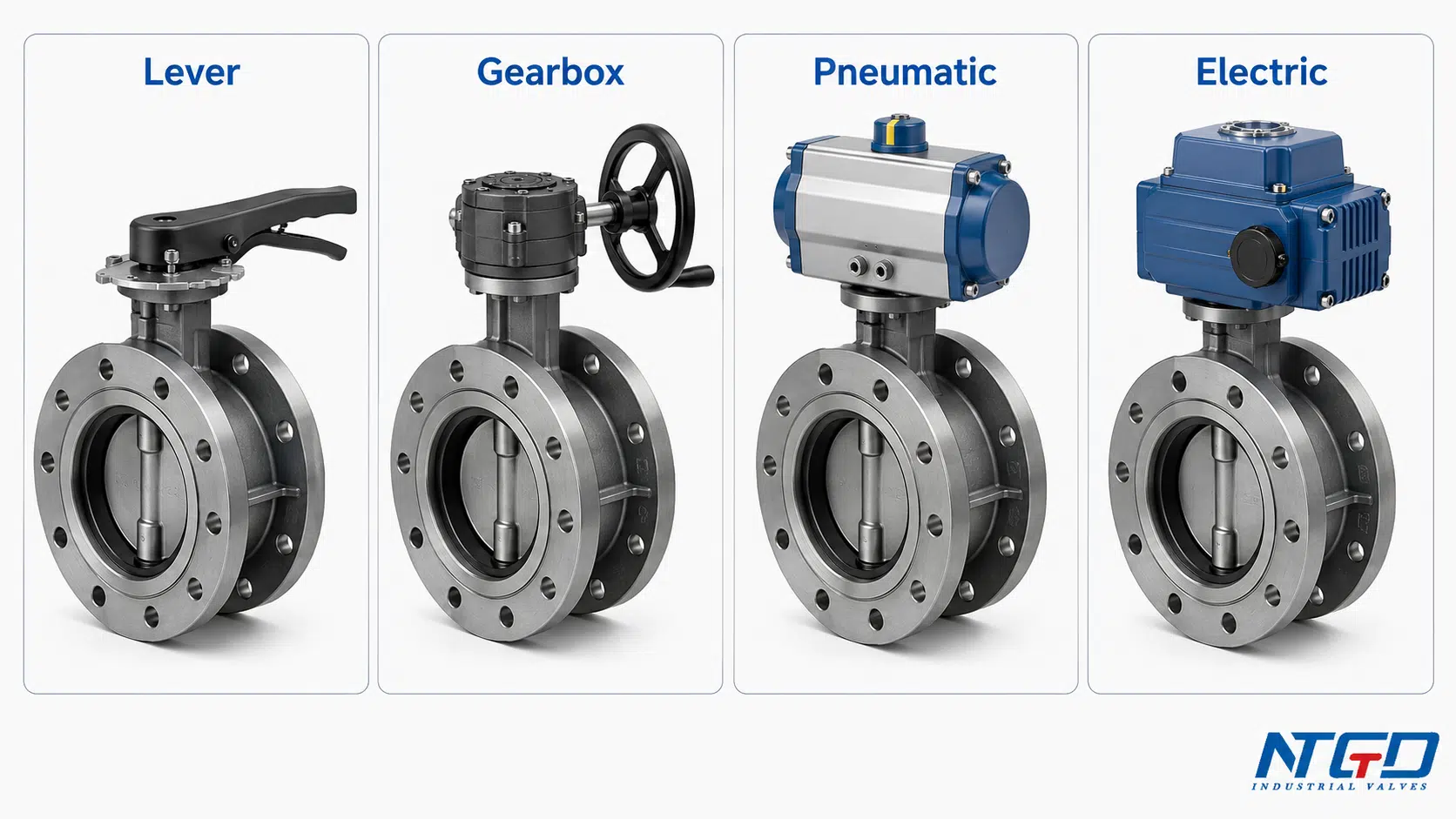 Flanged butterfly valve operation options including lever gearbox pneumatic and electric actuation