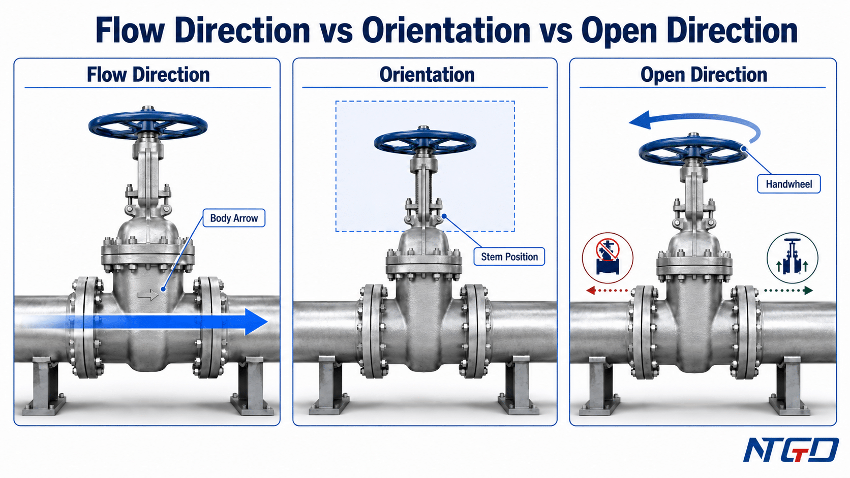 Gate valve flow direction, orientation and open direction comparison diagram.