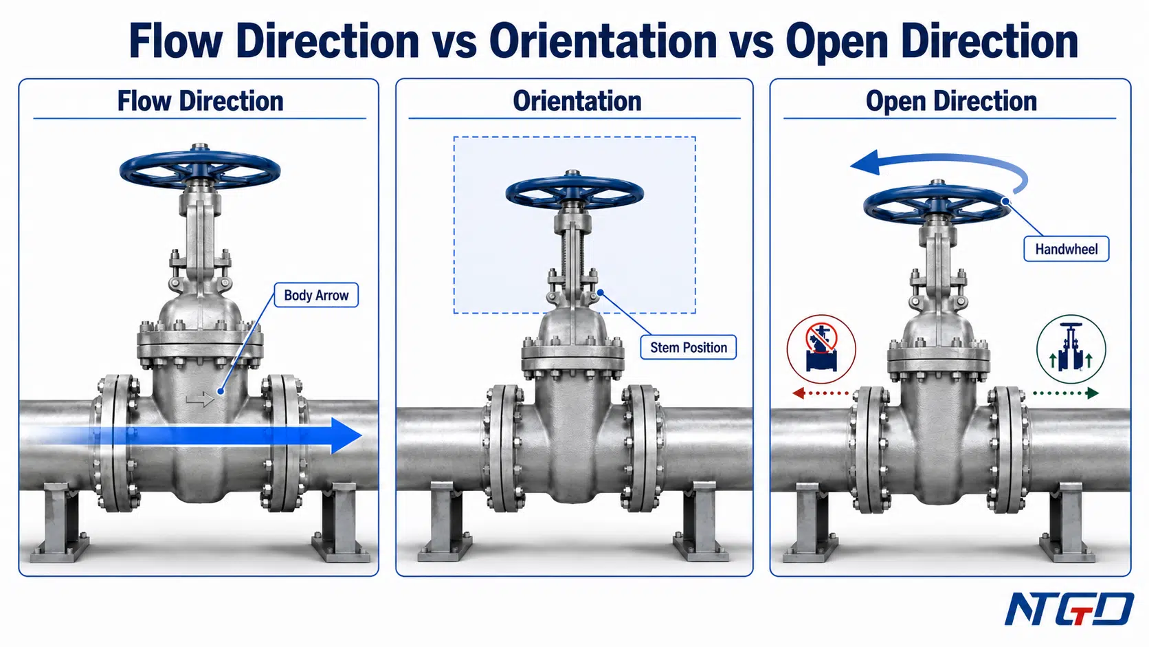 Gate valve flow direction, orientation and open direction comparison diagram.