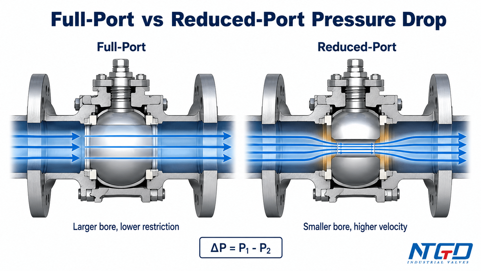 Full port vs reduced port ball valve pressure drop comparison diagram