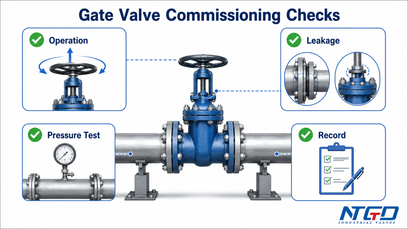 Gate valve commissioning checks showing operation, leakage, pressure test and record review.
