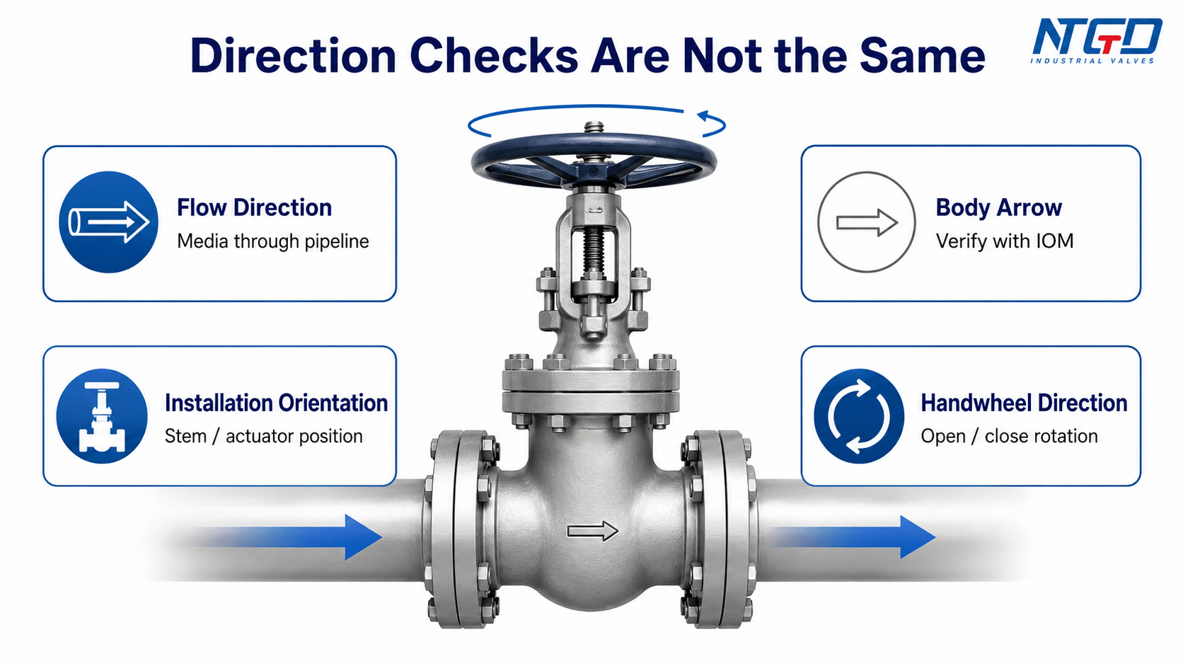 Gate valve installation direction checks for valve type, body arrow, IOM, seat wedge and operation test