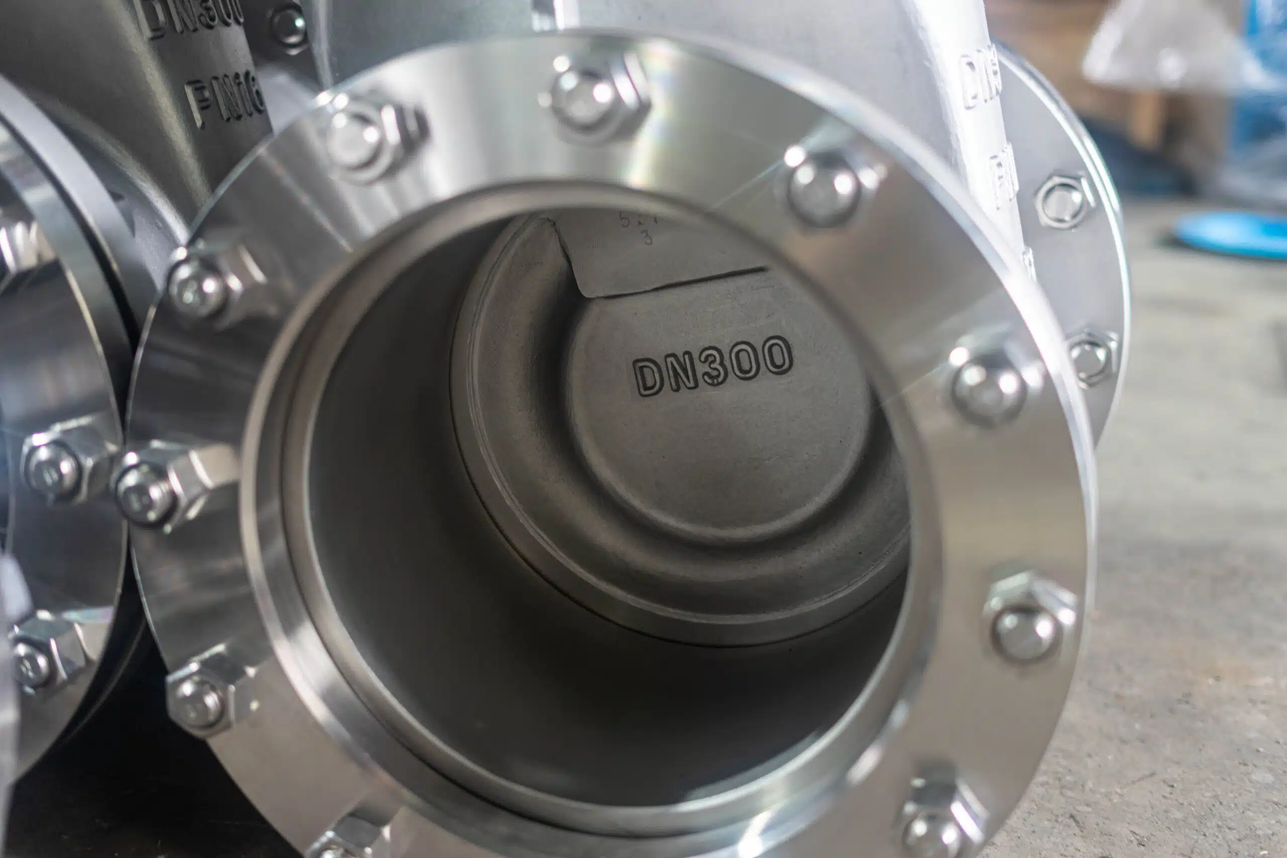 Close-up photo of DN300 gate valve bore and flanged end connection.