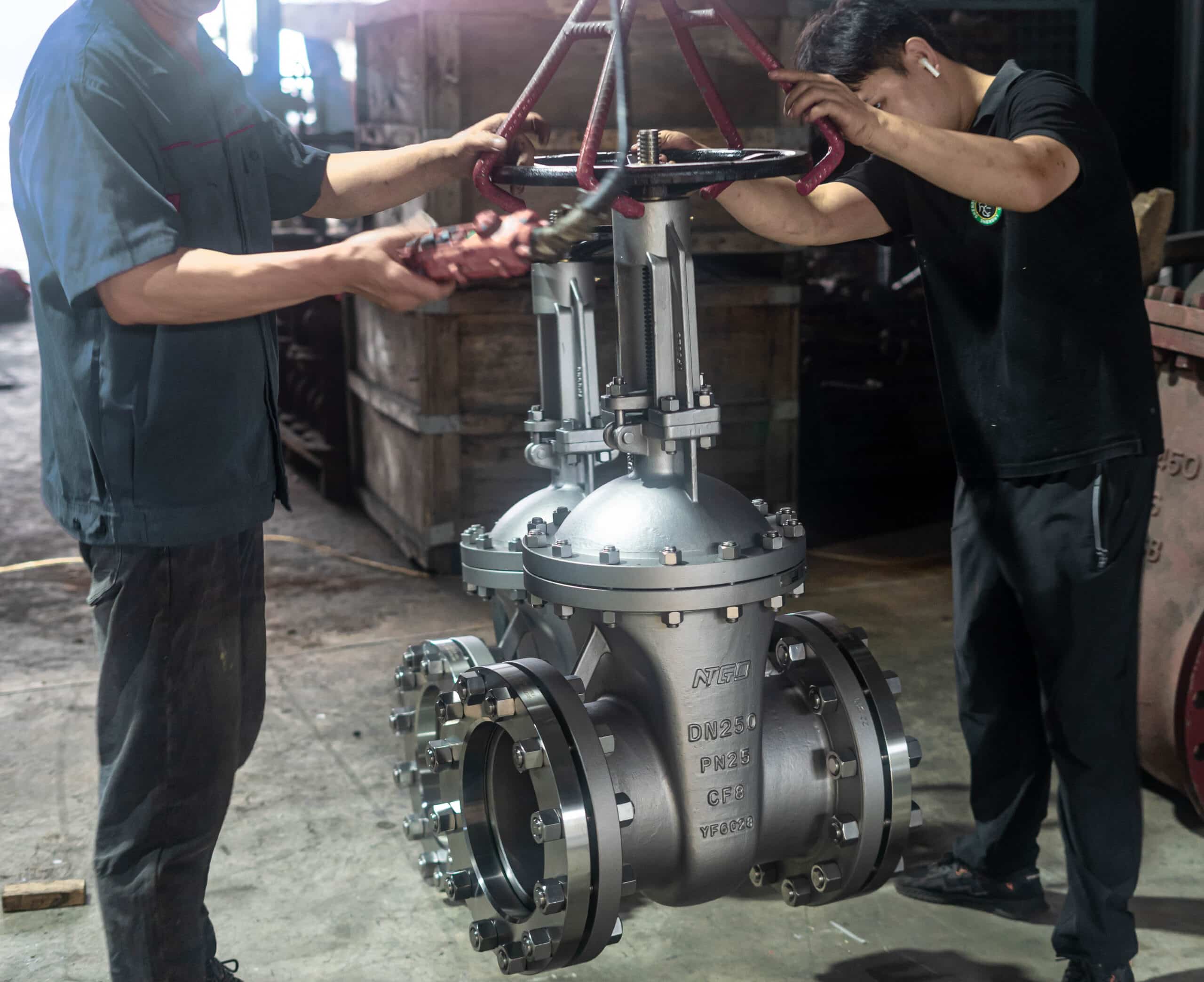 Factory inspection of a flanged industrial gate valve before installation