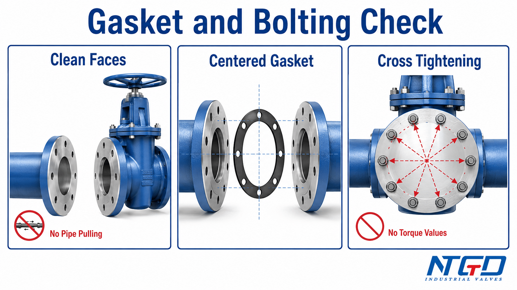 Gate valve gasket and bolting check showing clean faces, centered gasket and cross tightening.