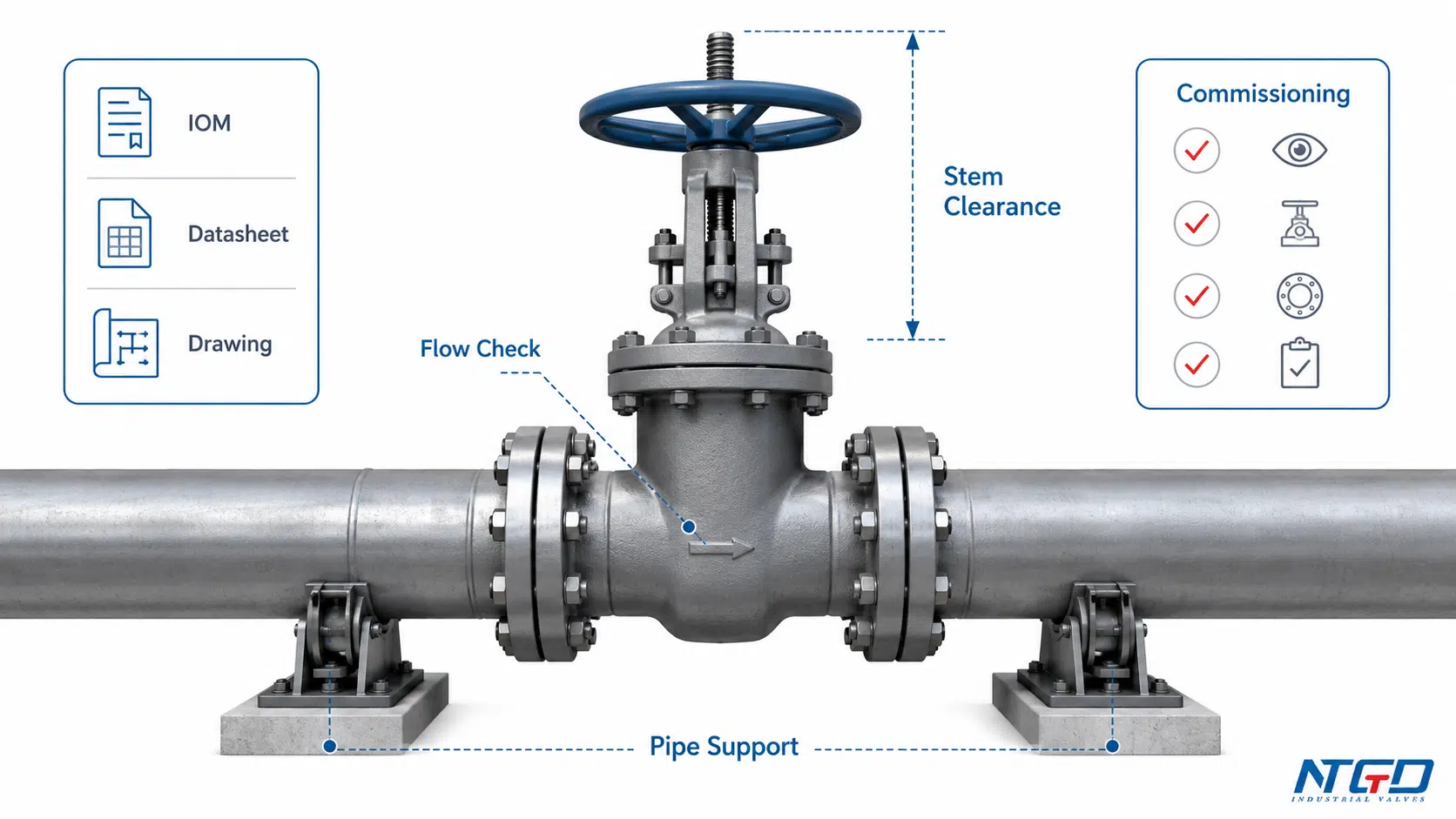 A gate valve installation review should combine document checks, flow check, stem clearance, support and commissioning.