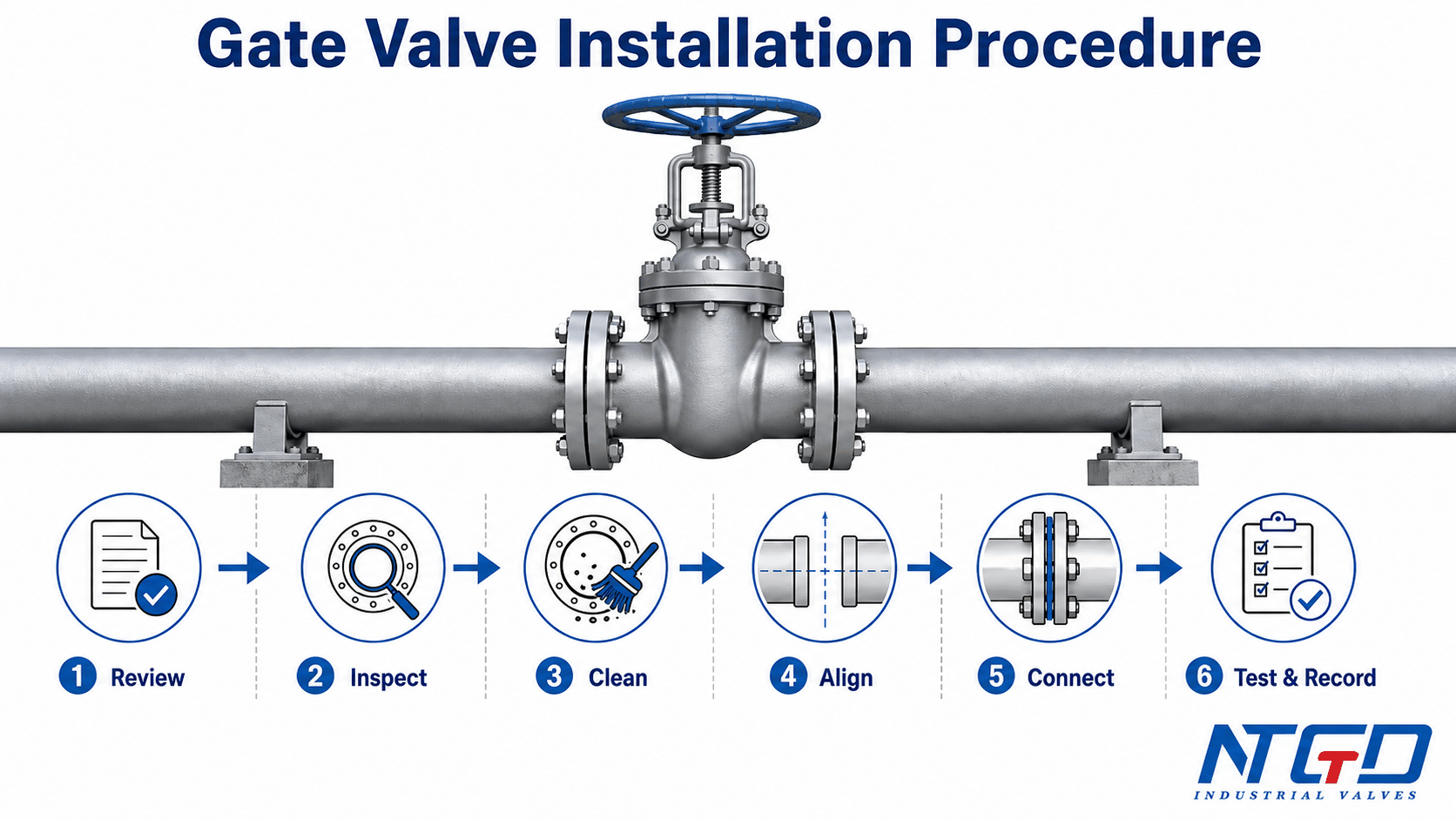 Six-step gate valve installation procedure with review, inspect, clean, align, connect and test record.