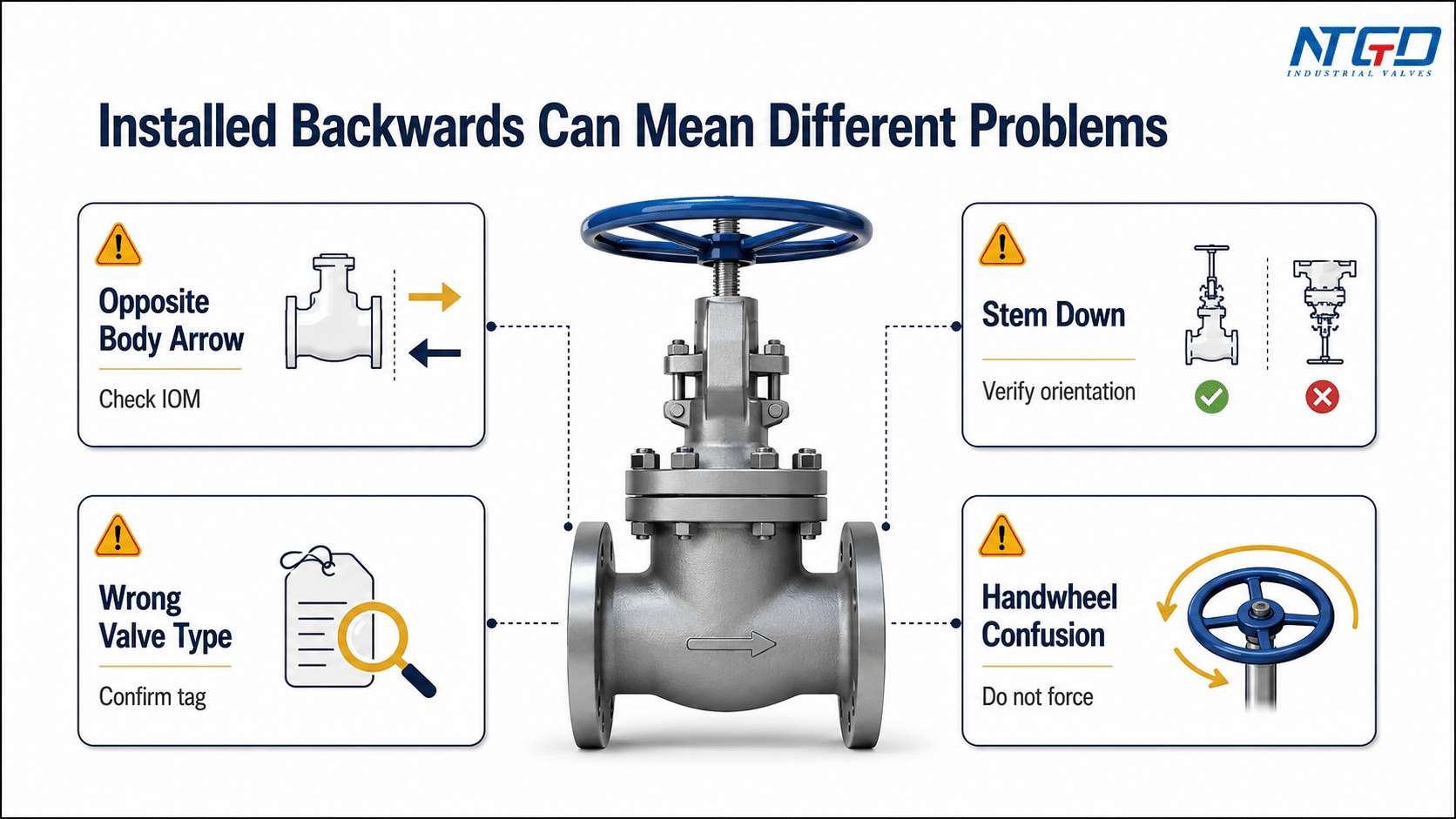 Gate valve installed backwards risk matrix with body arrow, stem down and handwheel confusion checks