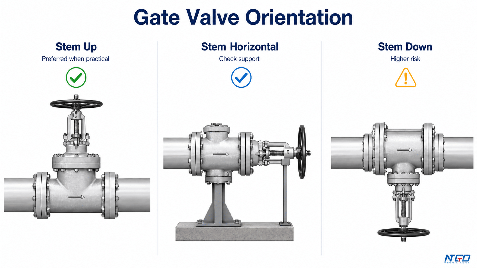 Gate valve orientation comparison showing stem up, horizontal and stem down positions