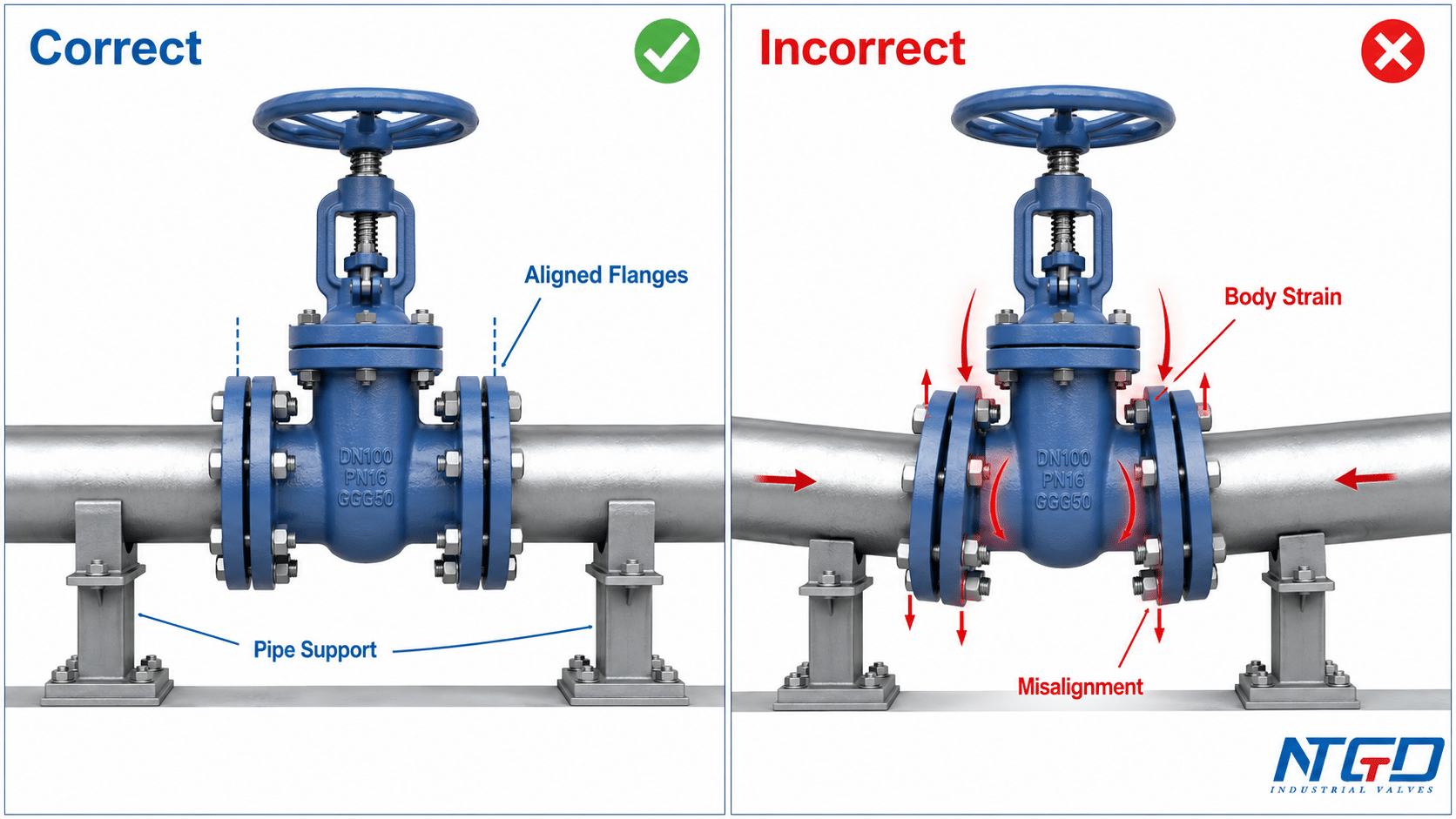 Gate valve installation overview showing IOM, flow check, stem clearance, pipe support and commissioning.