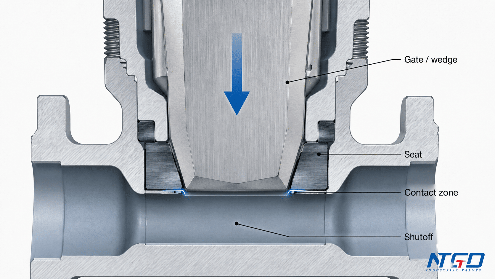 Gate valve wedge and seat contact close-up showing shutoff principle