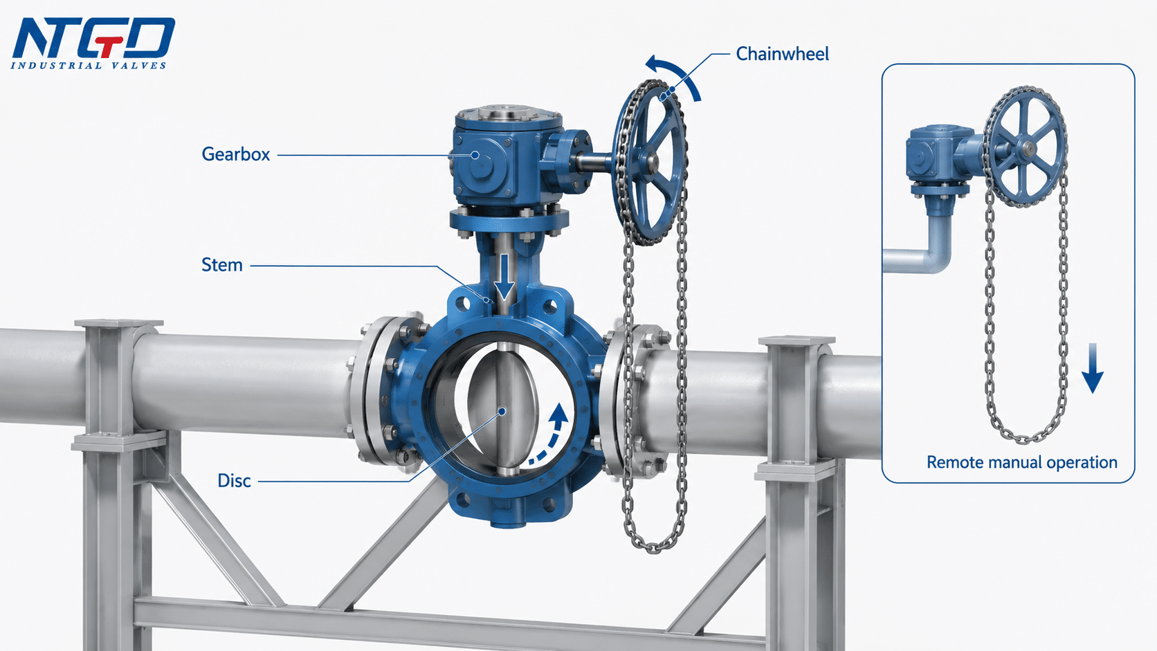 Chainwheel operation for a gear operated butterfly valve