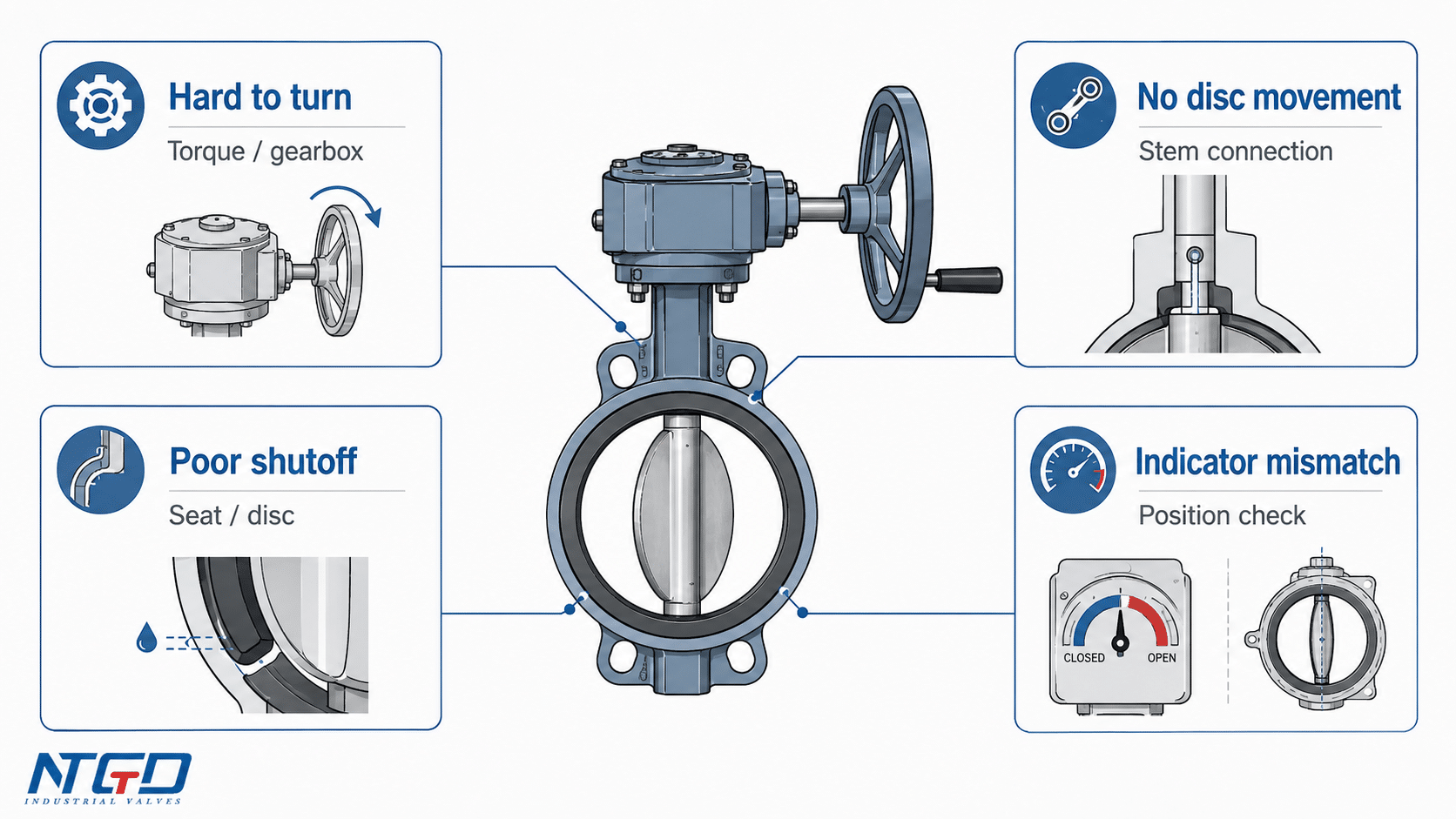 Troubleshooting points for a gear operated butterfly valve