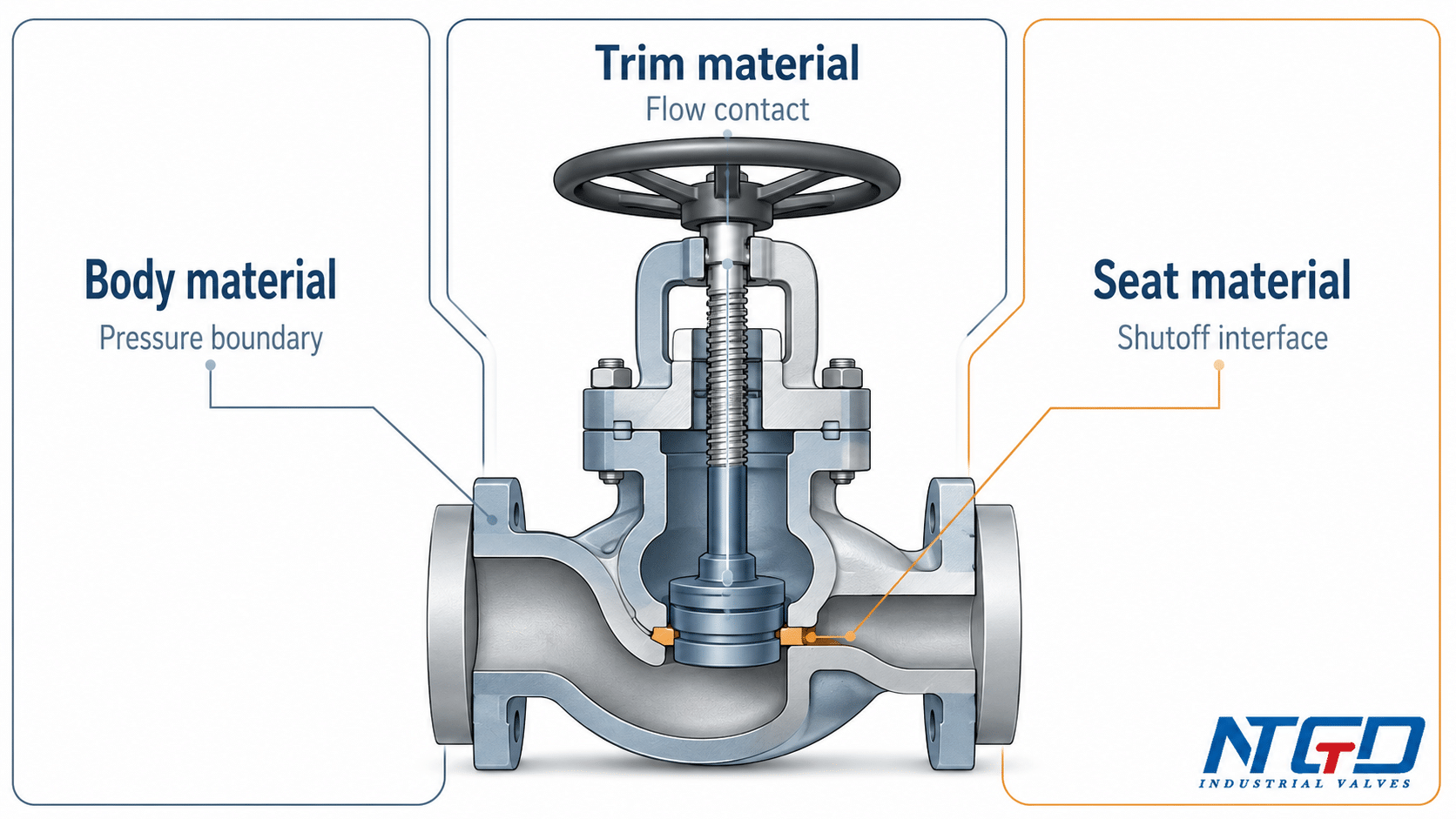 Globe valve body trim and seat material responsibility diagram
