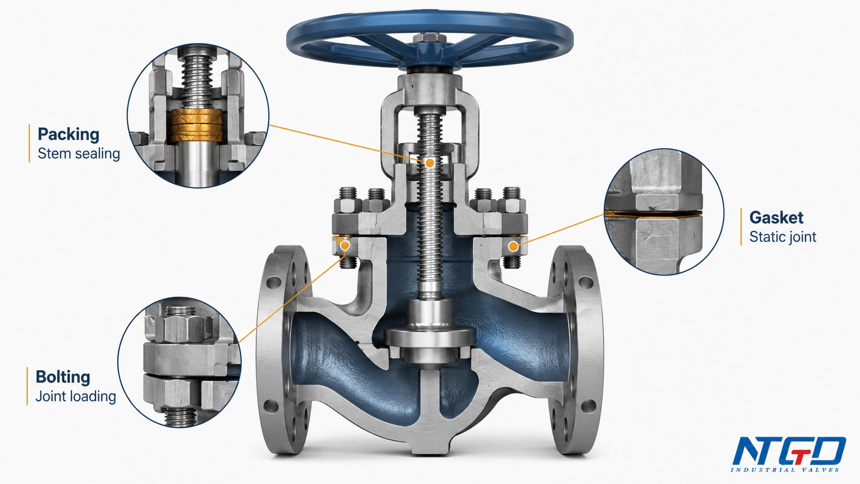 Globe valve cutaway showing packing gasket and bolting material locations