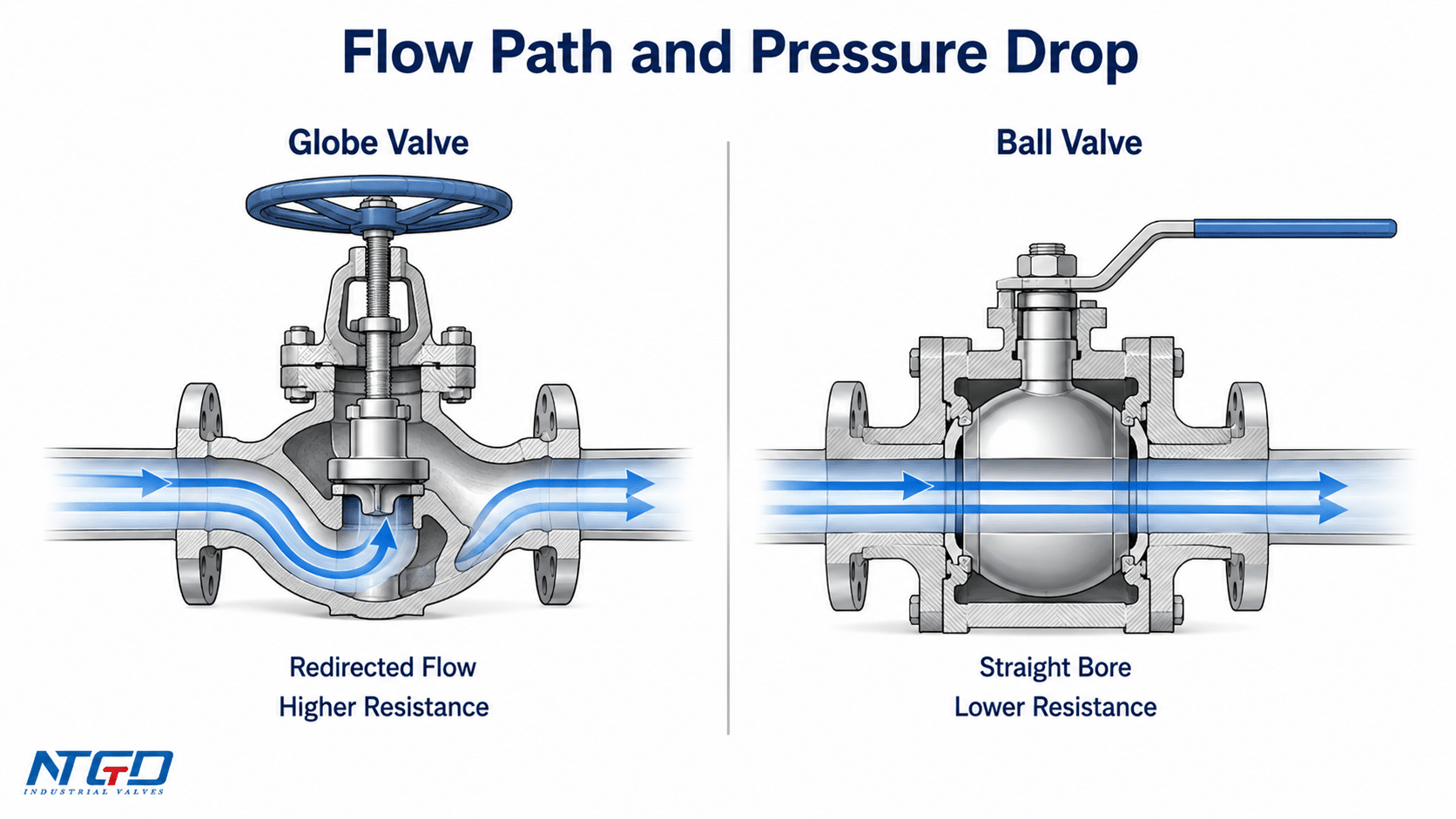 Globe valve vs ball valve pressure drop diagram showing redirected flow and straight bore flow path.