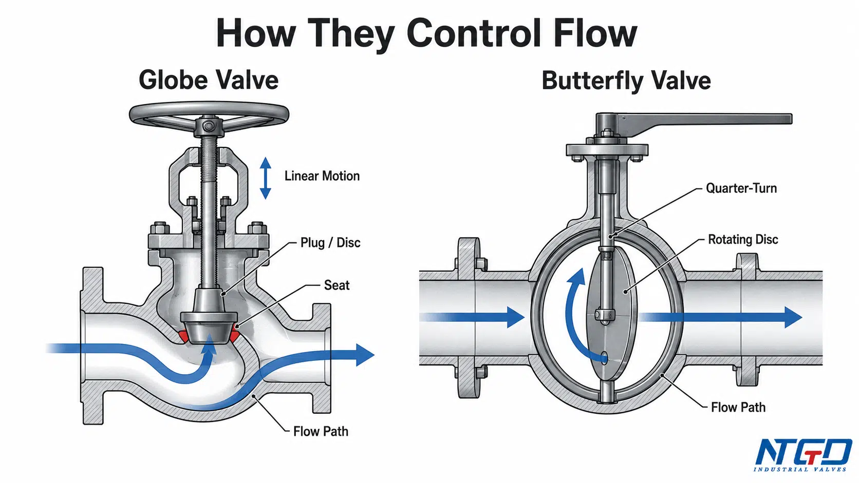 Globe valve and butterfly valve flow control diagram showing linear motion, plug or disc, seat, quarter-turn rotating disc and flow path.